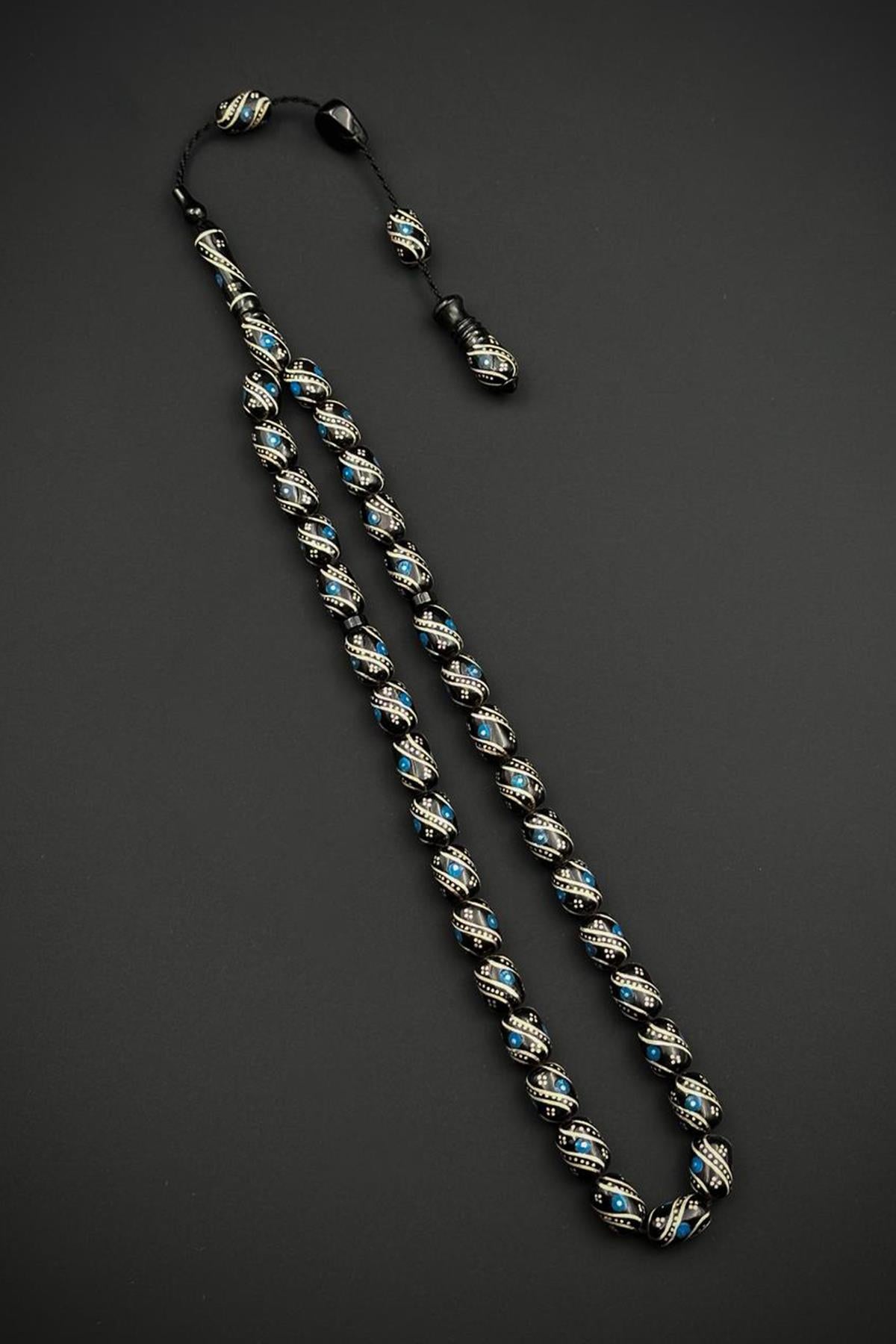 FRNCH 925 Ayar Gümüş ve Kapsül Kesim Oltu Taşlı Lacivert Renk Tesbih FRJ80006-106-L