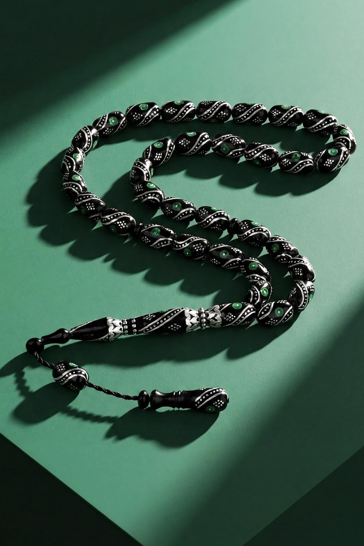 FRNCH 925 Ayar Gümüş ve Kapsül Kesim Oltu Taşlı Yeşil Renk Tesbih FRJ80006-106-Y