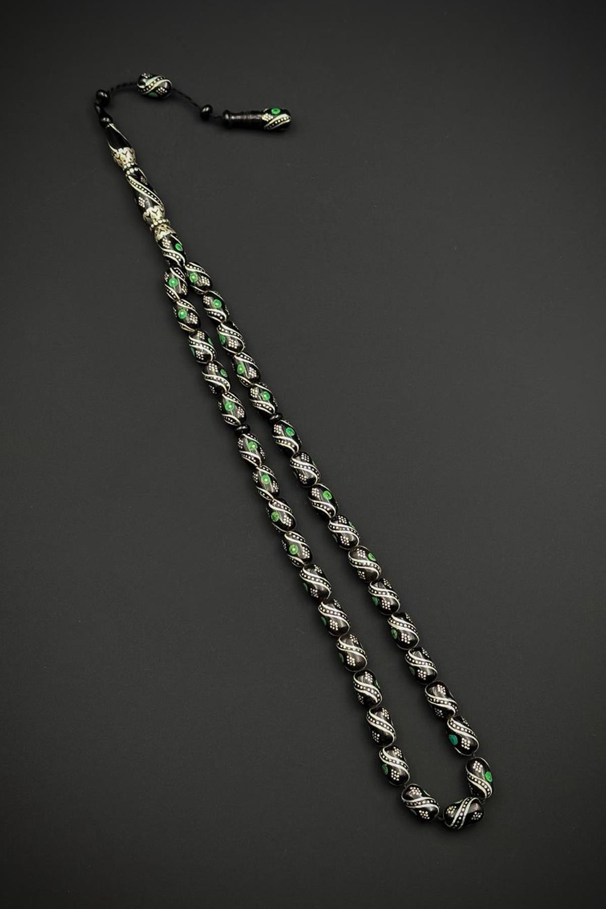 FRNCH 925 Ayar Gümüş ve Kapsül Kesim Oltu Taşlı Yeşil Renk Tesbih FRJ80006-106-Y