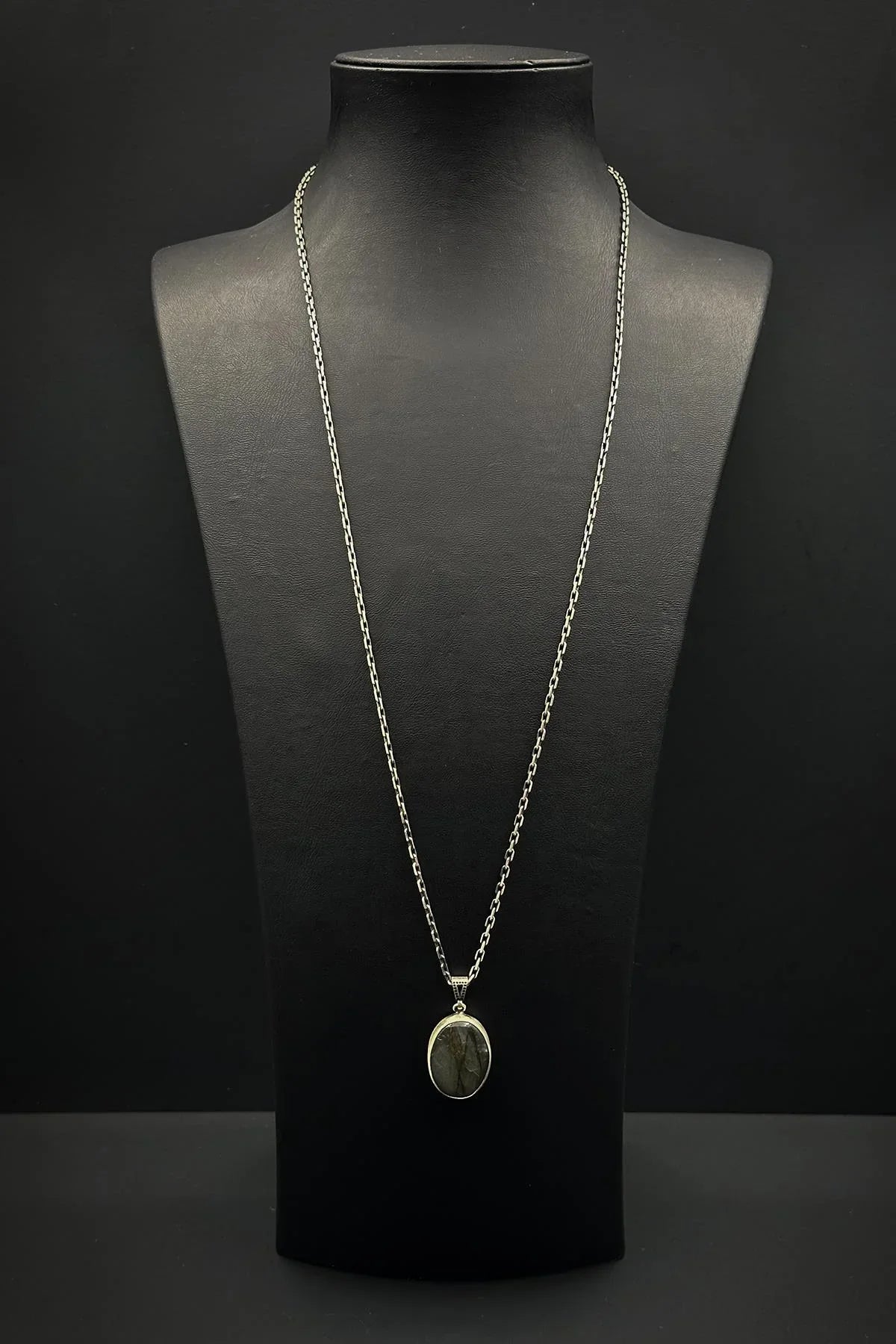 FRNCH 925 Ayar Gümüş ve Labrodorit Doğal Taşlı Yeşil Renk Erkek Kolye FRJ30918-1018-Y2