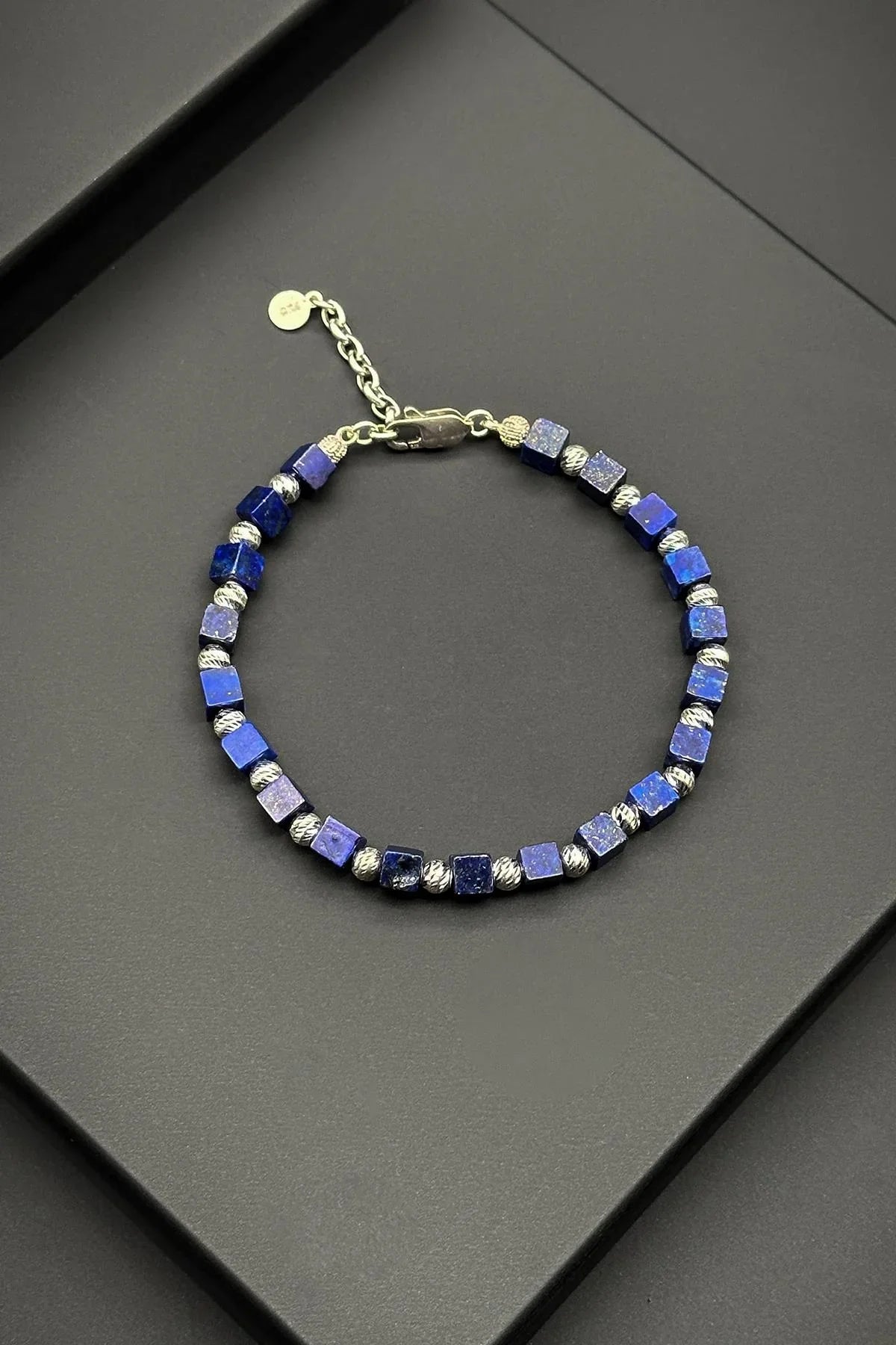 FRNCH 925 Ayar Gümüş ve Lapis Doğal Taşlı Lacivert Erkek Bileklik FRJ11843-1943-L