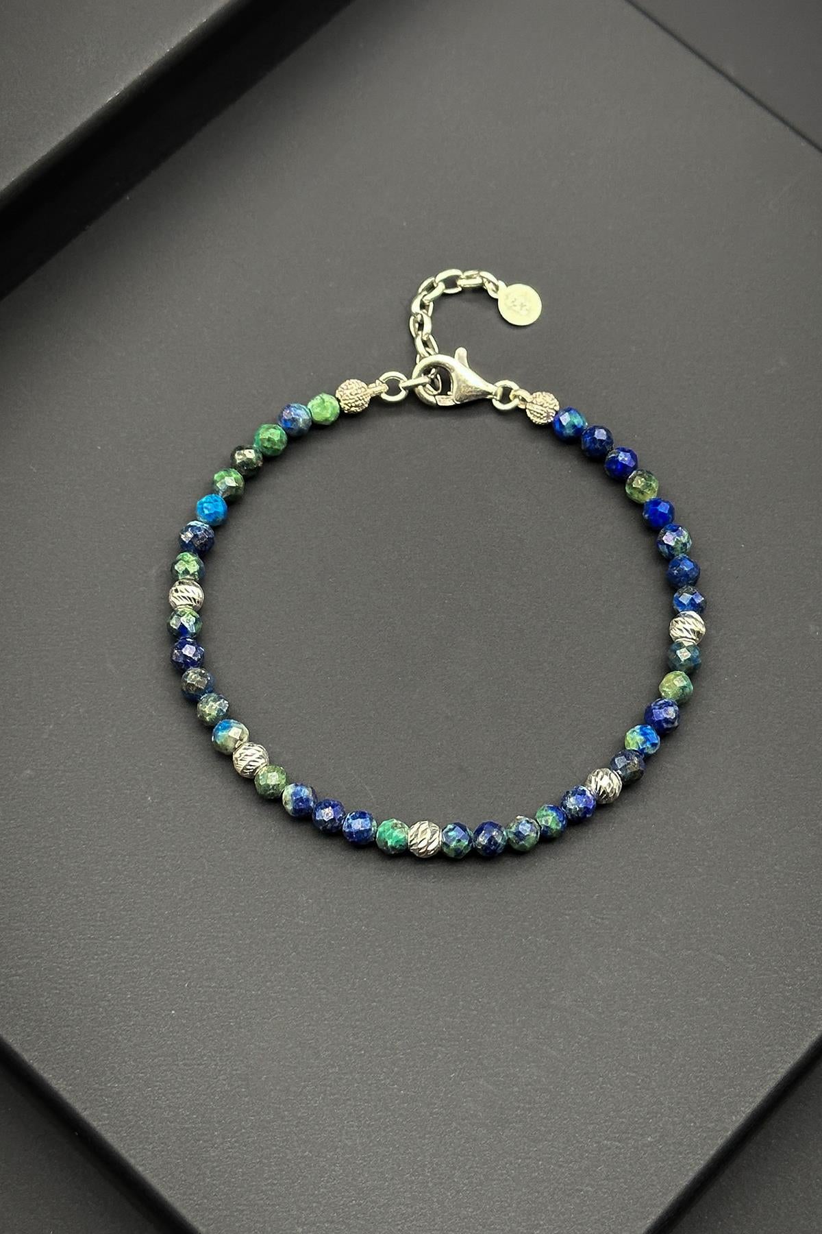 FRNCH 925 Ayar Gümüş ve Lapis Doğal Taşlı Lacivert Erkek Bileklik FRJ11880-1980-L