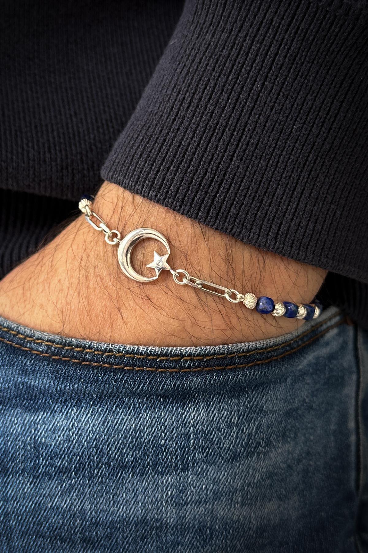 FRNCH 925 Ayar Gümüş ve Lapis Lazuli Doğal Taşlı Ay-Yıldız Model Lacivert Erkek Bileklik FRJ12098-3098-L