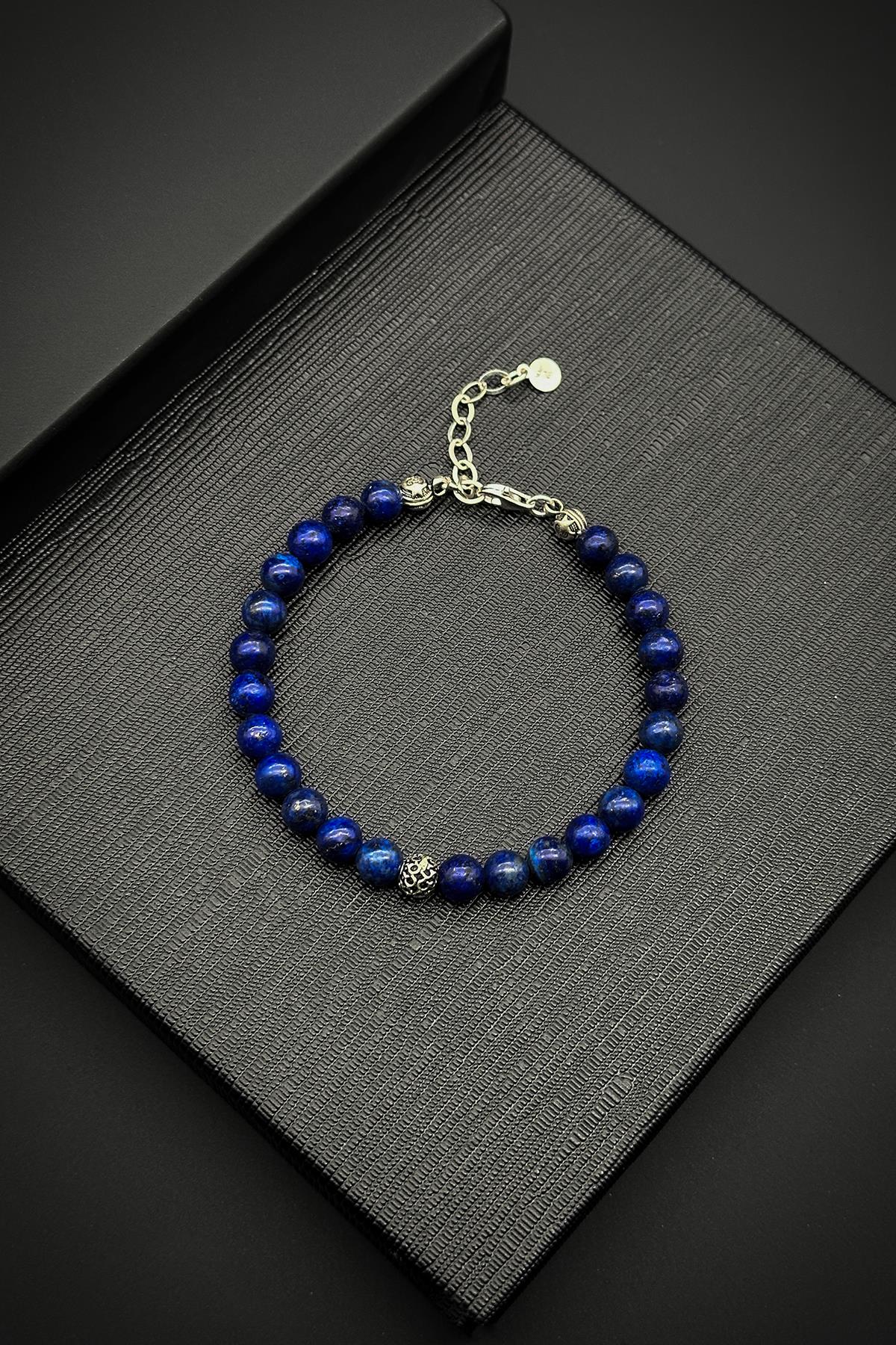 FRNCH 925 Ayar Gümüş ve Lapis Lazuli Doğal Taşlı Lacivert Erkek Bileklik FRJ11997-2097-L
