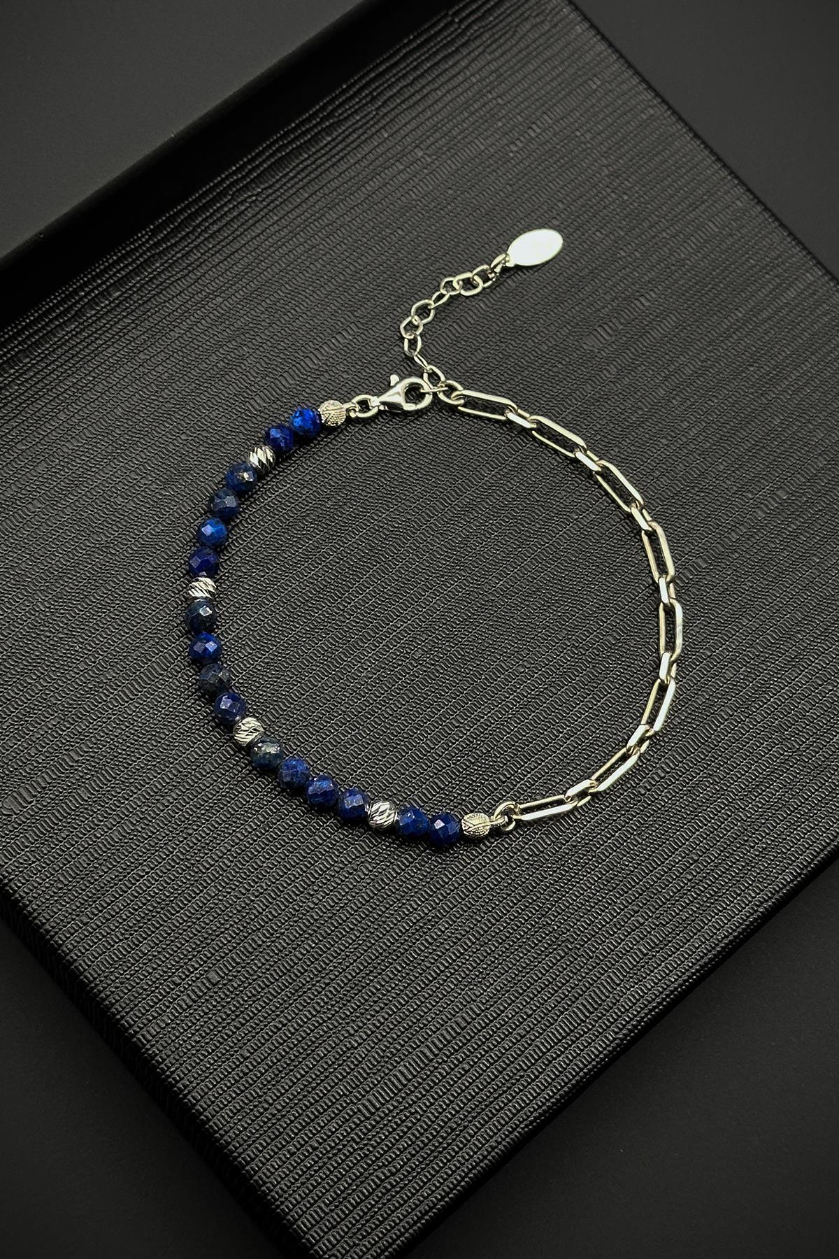 FRNCH 925 Ayar Gümüş ve Lapis Lazuli Doğal Taşlı Lacivert Erkek Bileklik FRJ12382-3382-L