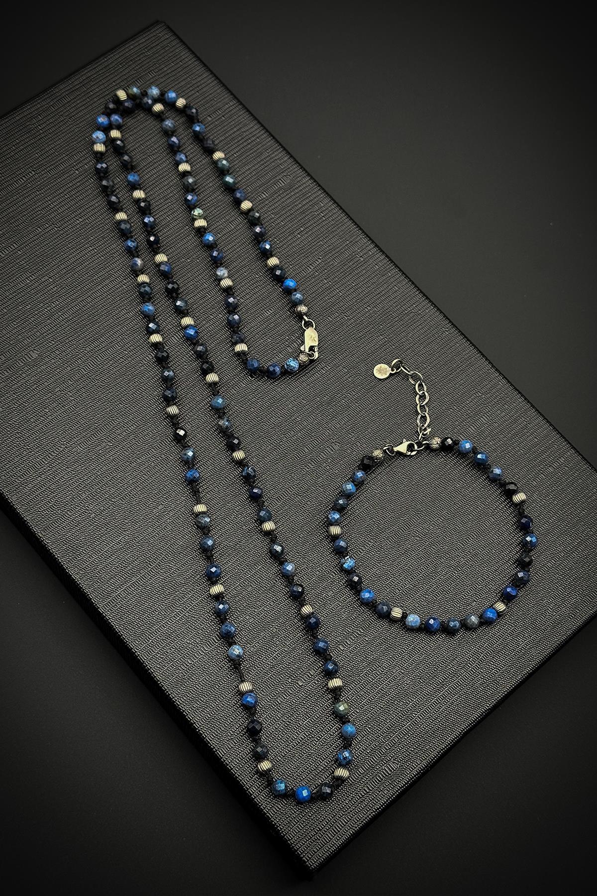FRNCH 925 Ayar Gümüş ve Lapis Lazuli Doğal Taşlı Lacivert Erkek Bileklik/Kolye Set FRJ40159-259-L