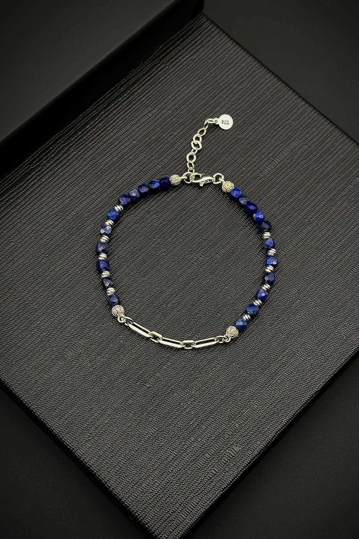 FRNCH 925 Ayar Gümüş ve Lapis Lazuli Doğal Taşlı Lacivert Renk Erkek Bileklik FRJ12083-3083-L