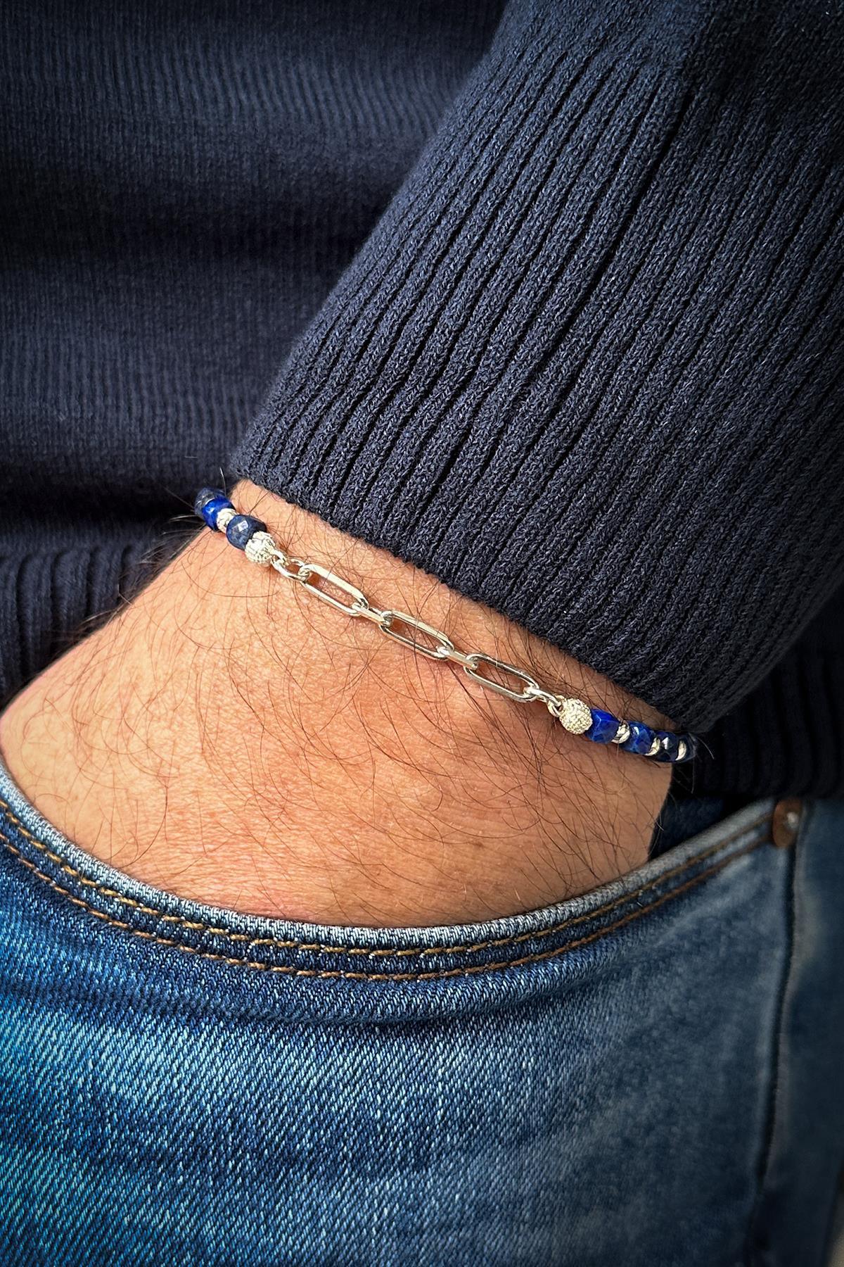 FRNCH 925 Ayar Gümüş ve Lapis Lazuli Doğal Taşlı Lacivert Renk Erkek Bileklik FRJ12083-3083-L