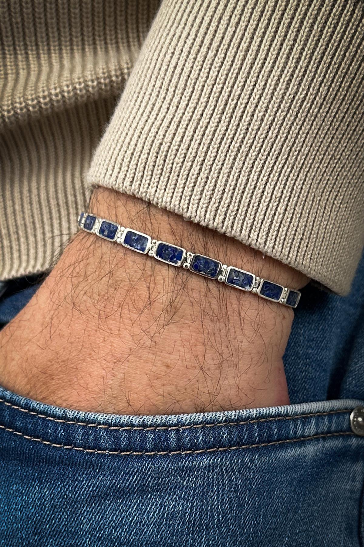 FRNCH 925 Ayar Gümüş ve Lapis Lazuli Doğal Taşlı Lacivert Renk Erkek Bileklik FRJ12461-3461-L