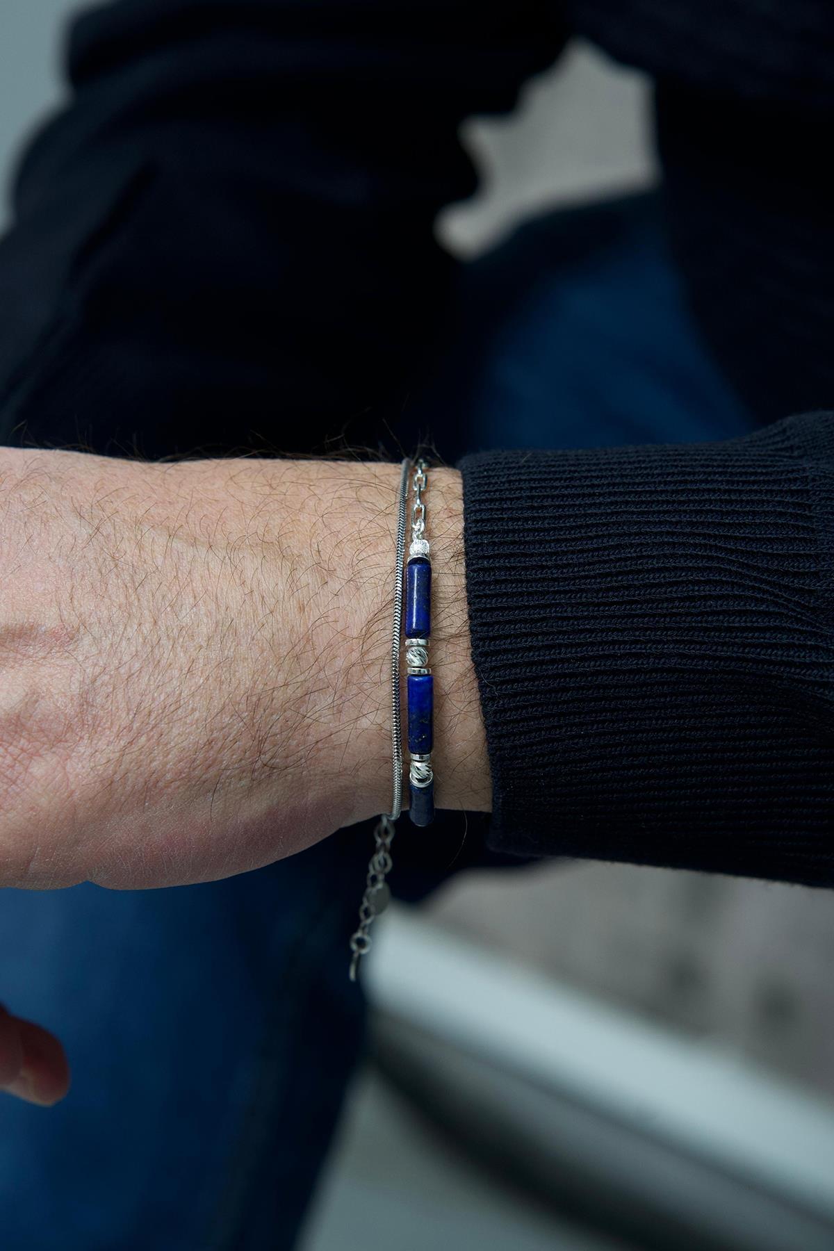 FRNCH 925 Ayar Gümüş ve Lapis Lazuli Doğal Taşlı Lacivert Renk Erkek Bileklik Set FRJ12416-3416-LA