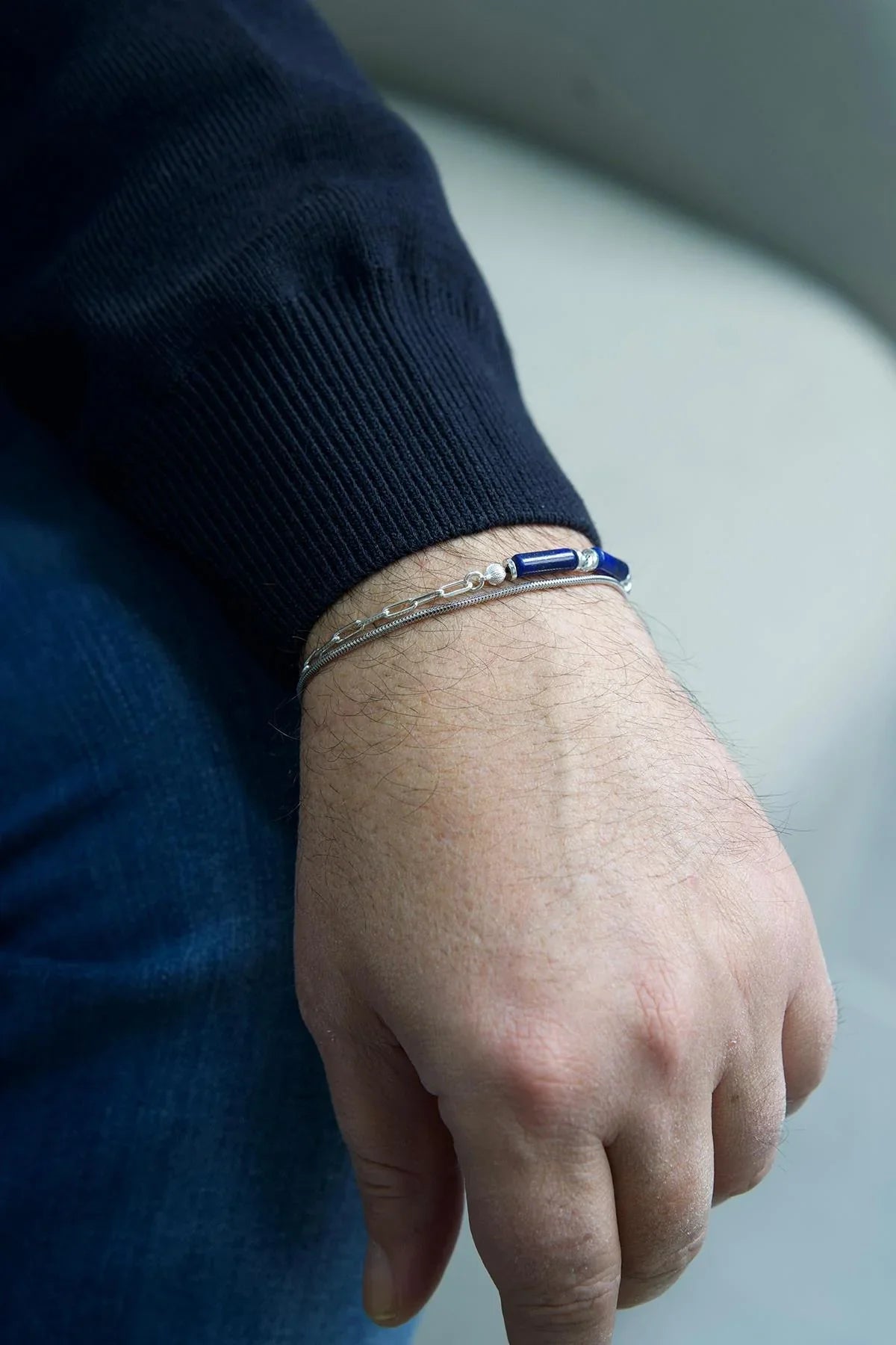 FRNCH 925 Ayar Gümüş ve Lapis Lazuli Doğal Taşlı Lacivert Renk Erkek Bileklik Set FRJ12416-3416-LA