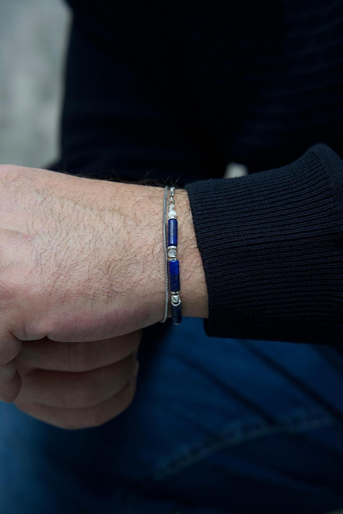 FRNCH 925 Ayar Gümüş ve Lapis Lazuli Doğal Taşlı Lacivert Renk Erkek Bileklik Set FRJ12416-3416-LA