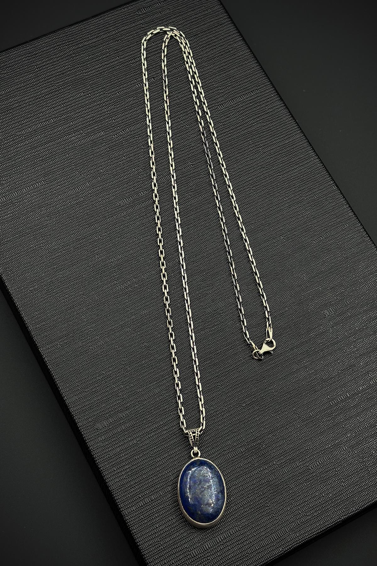 FRNCH 925 Ayar Gümüş ve Lapis Lazuli Doğal Taşlı Lacivert Renk Erkek Kolye FRJ30918-1018-L3