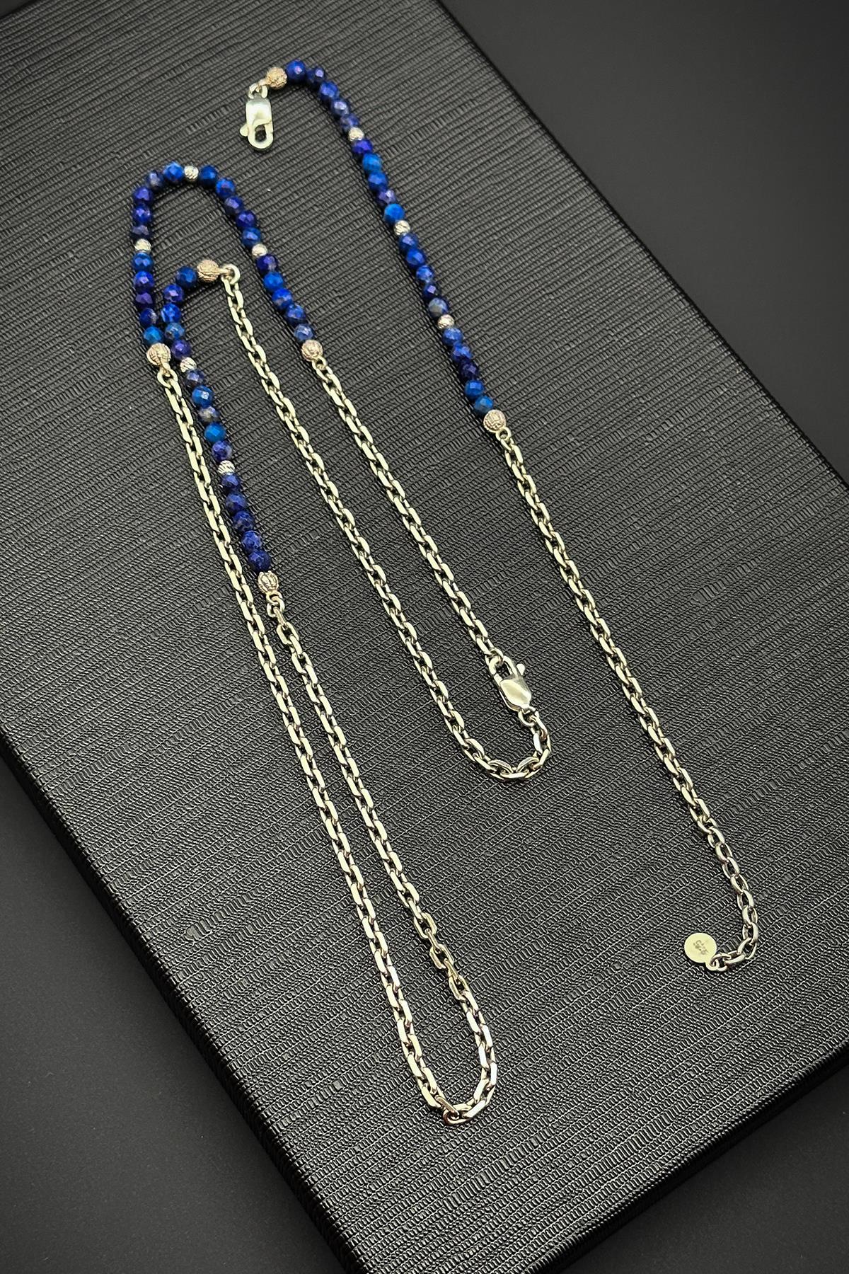 FRNCH 925 Ayar Gümüş ve Lapis Lazuli Doğal Taşlı Lacivert Renkli Erkek Bileklik/Kolye Set FRJ40151-251-L