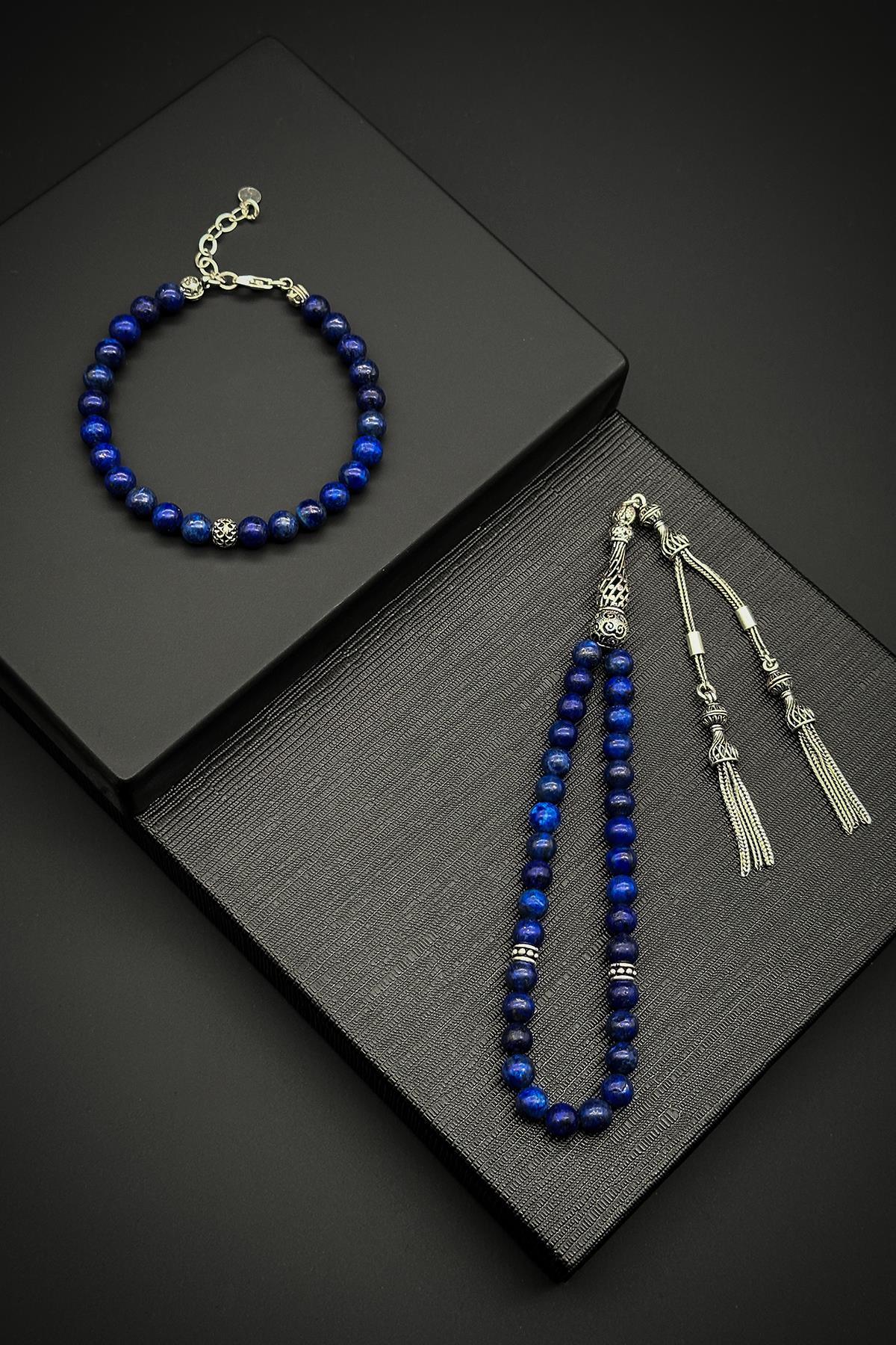 FRNCH 925 Ayar Gümüş ve Lapis Lazuli Doğal Taşlı Lacivert Tesbih/Bileklik Set FRJ80002-102-L