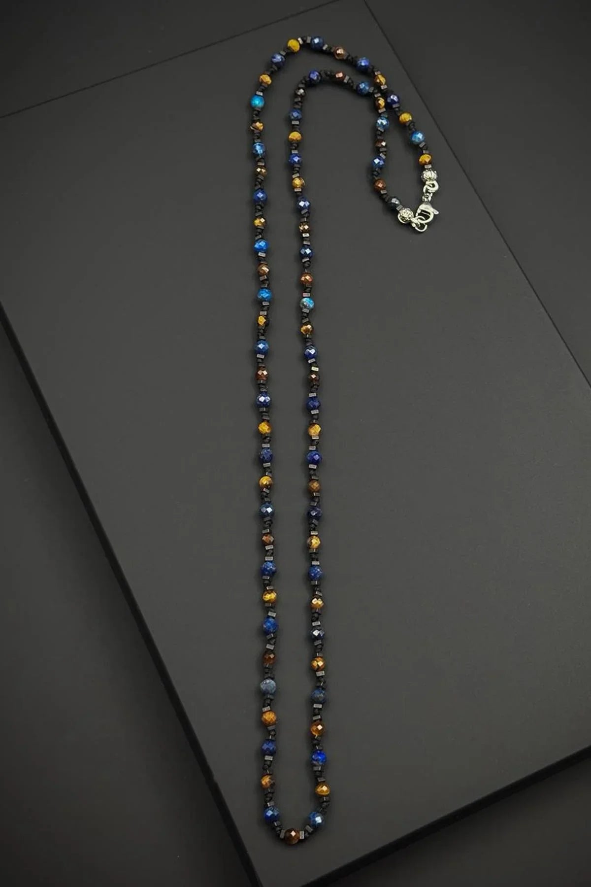 FRNCH 925 Ayar Gümüş ve Lapis Lazuli/Kaplan Gözü Doğal Taşlı Kahverengi Erkek Kolye FRJ30943-1043-LK