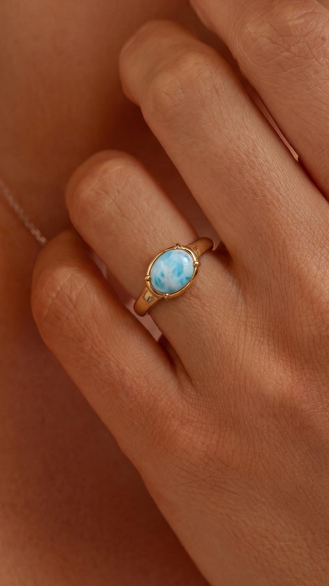 FRNCH 925 Ayar Gümüş ve Larimar Doğal Taşlı Altın Renk Kadın Yüzük FRJ60094-194-GM