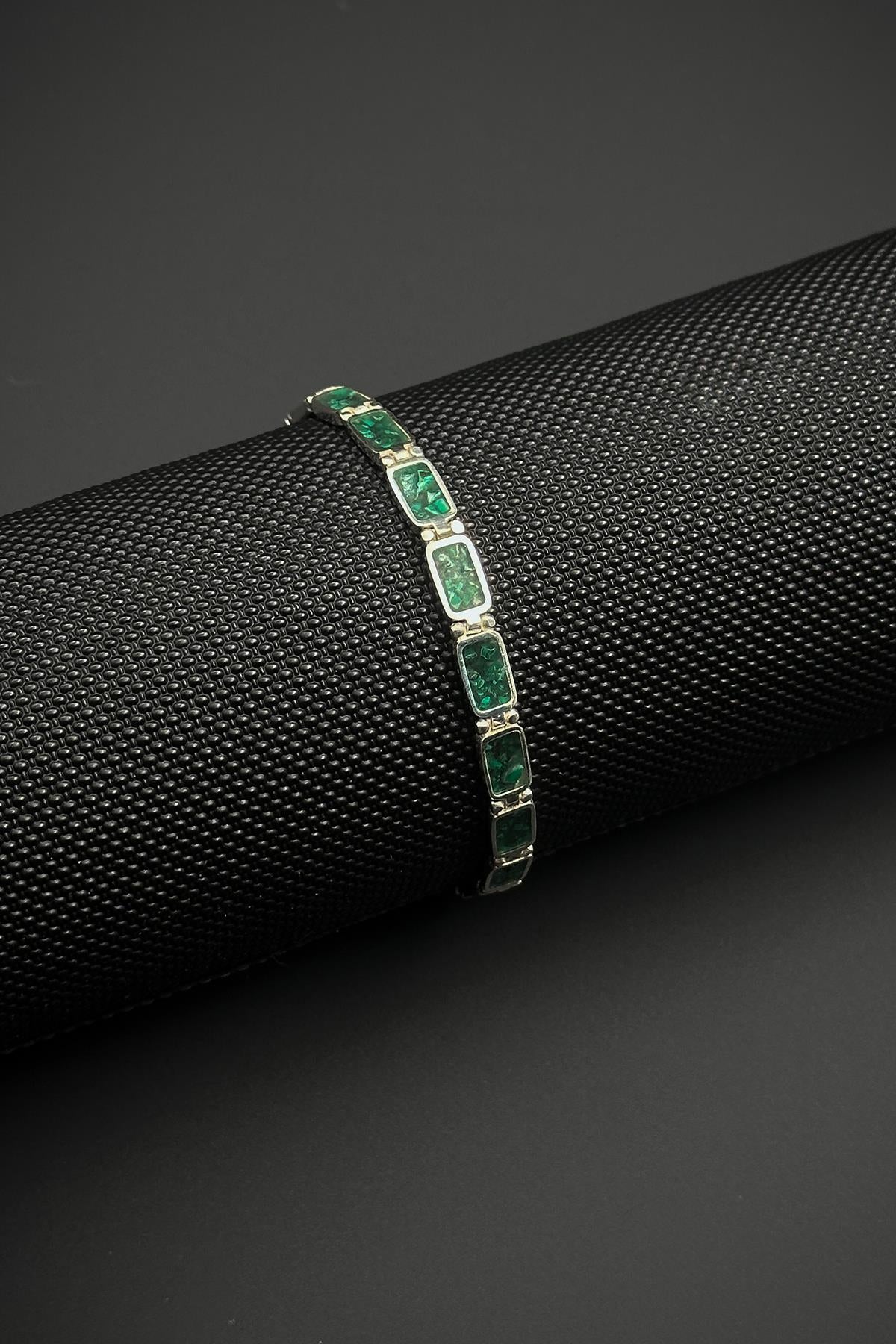 FRNCH 925 Ayar Gümüş ve Malahit Doğal Taşlı Yeşil Renk Erkek Bileklik FRJ12461-3461-Y