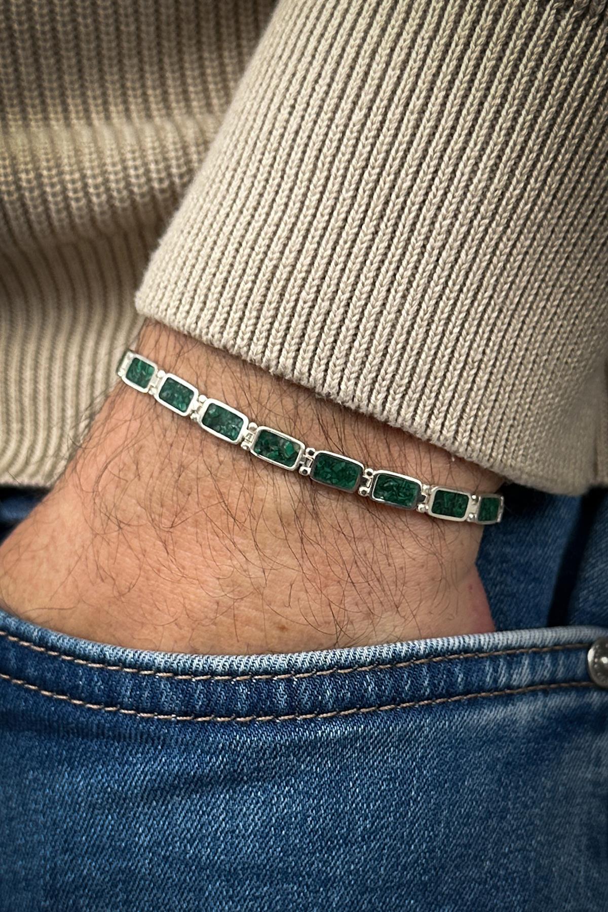 FRNCH 925 Ayar Gümüş ve Malahit Doğal Taşlı Yeşil Renk Erkek Bileklik FRJ12461-3461-Y