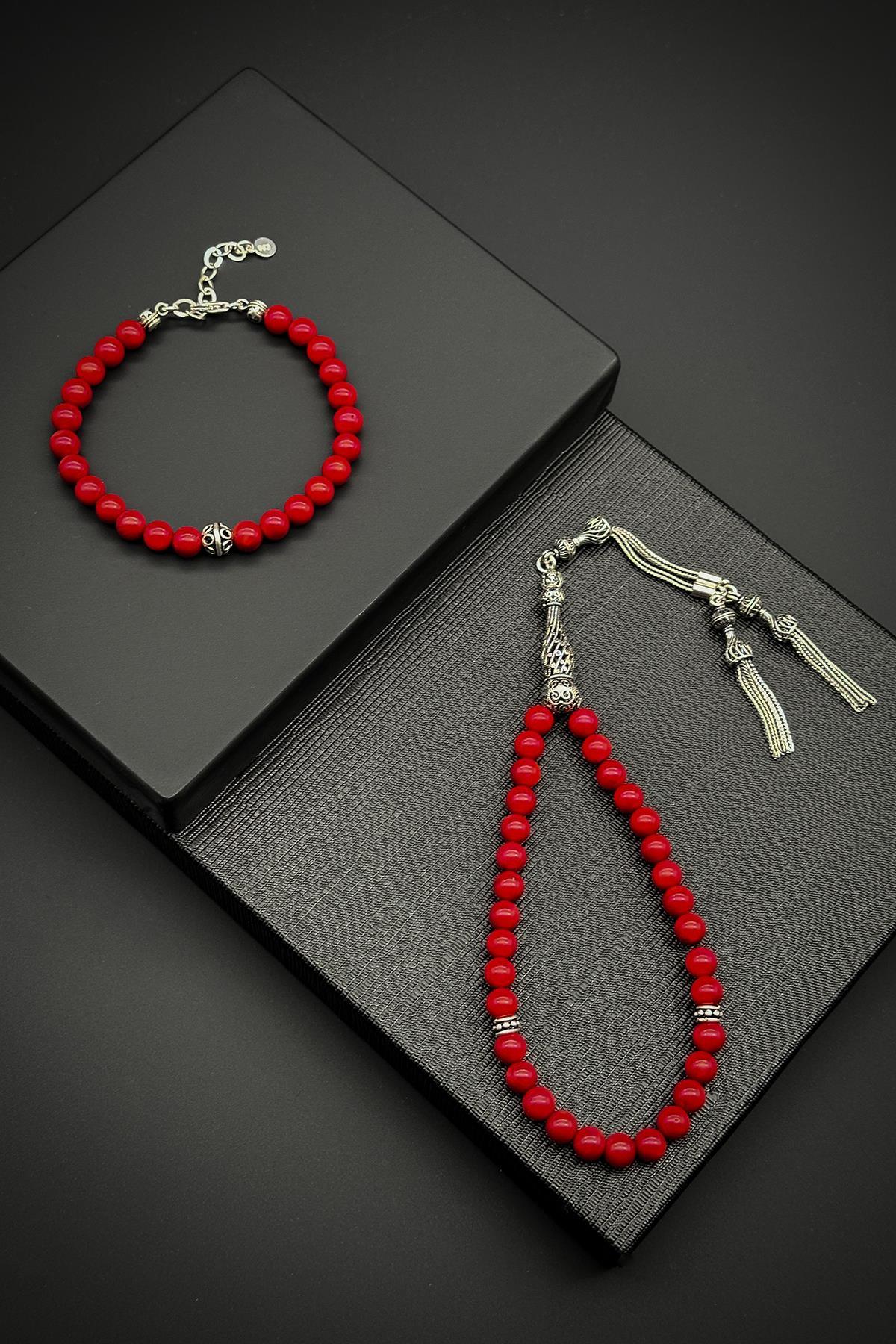 FRNCH 925 Ayar Gümüş ve Mercan Doğal Taşlı Kırmızı Renk Tesbih/Bileklik Set FRJ80002-102-K