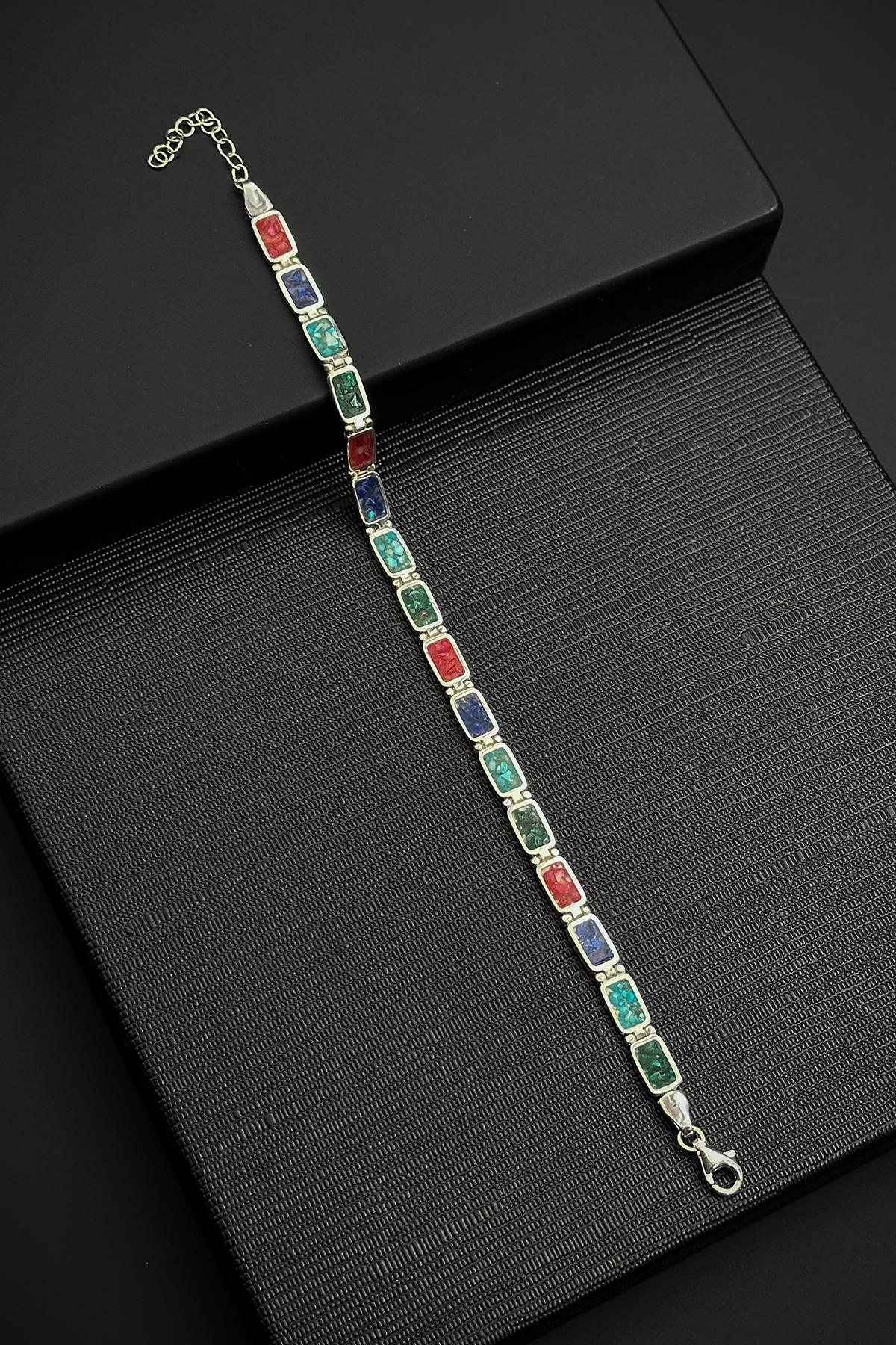 FRNCH 925 Ayar Gümüş ve Mix Doğal Taşlı Çok Renkli Erkek Bileklik FRJ12461-3461-CK