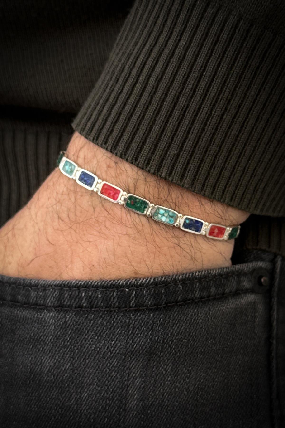 FRNCH 925 Ayar Gümüş ve Mix Doğal Taşlı Çok Renkli Erkek Bileklik FRJ12461-3461-CK