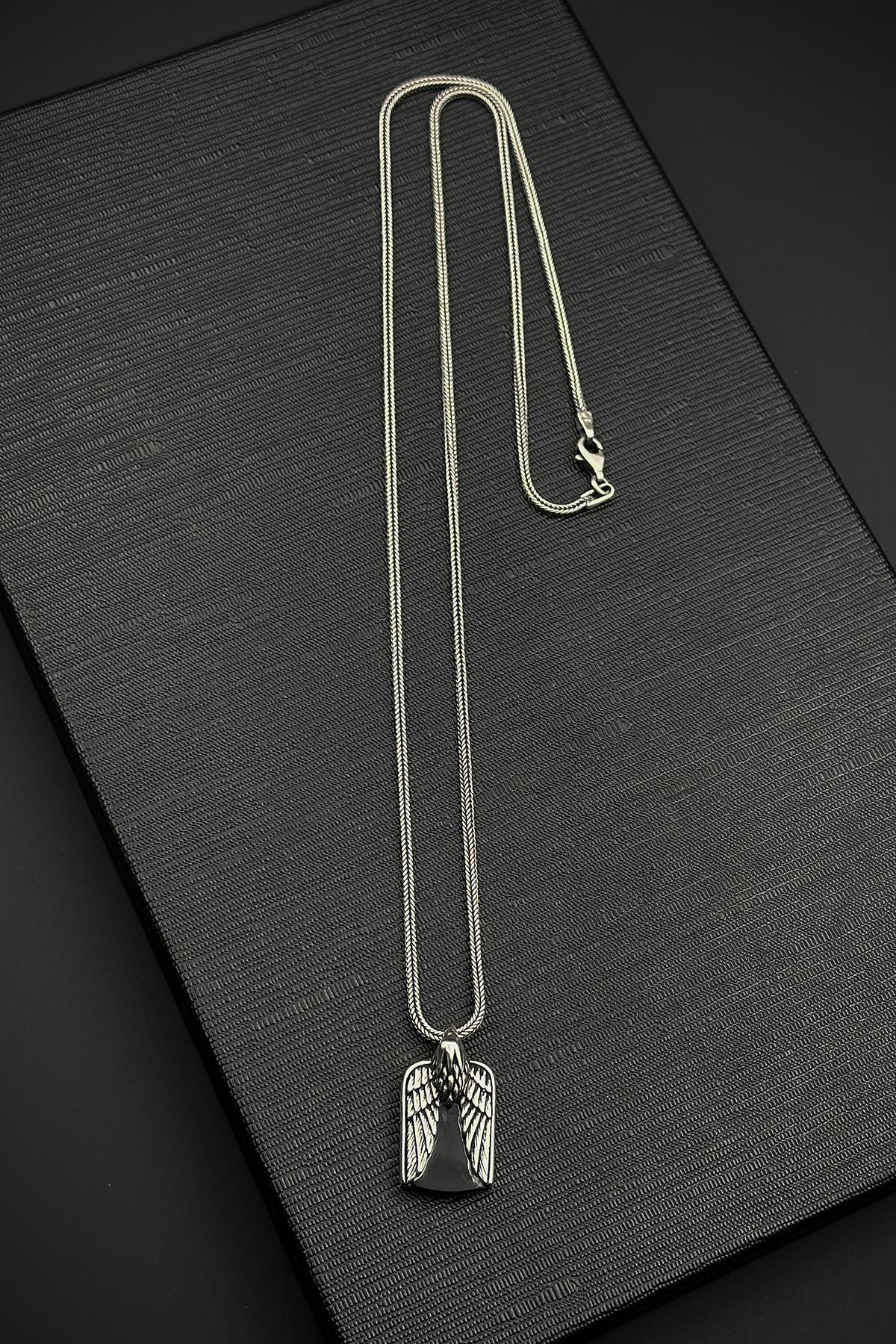 FRNCH 925 Ayar Gümüş ve Onyx Doğal Taşlı Siyah Renk Erkek Kolye FRJ30856-956-S