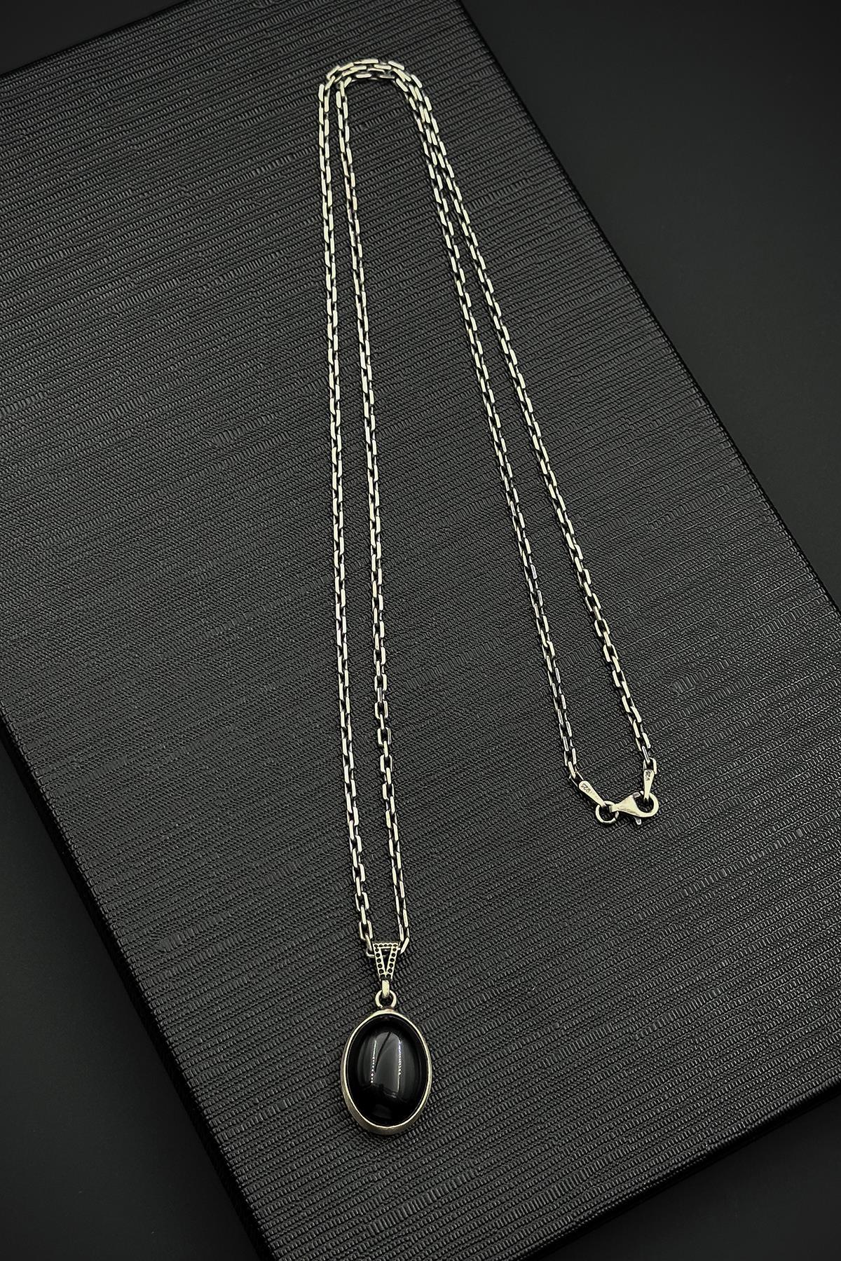 FRNCH 925 Ayar Gümüş ve Onyx Doğal Taşlı Siyah Renk Erkek Kolye FRJ30918-1018-S2