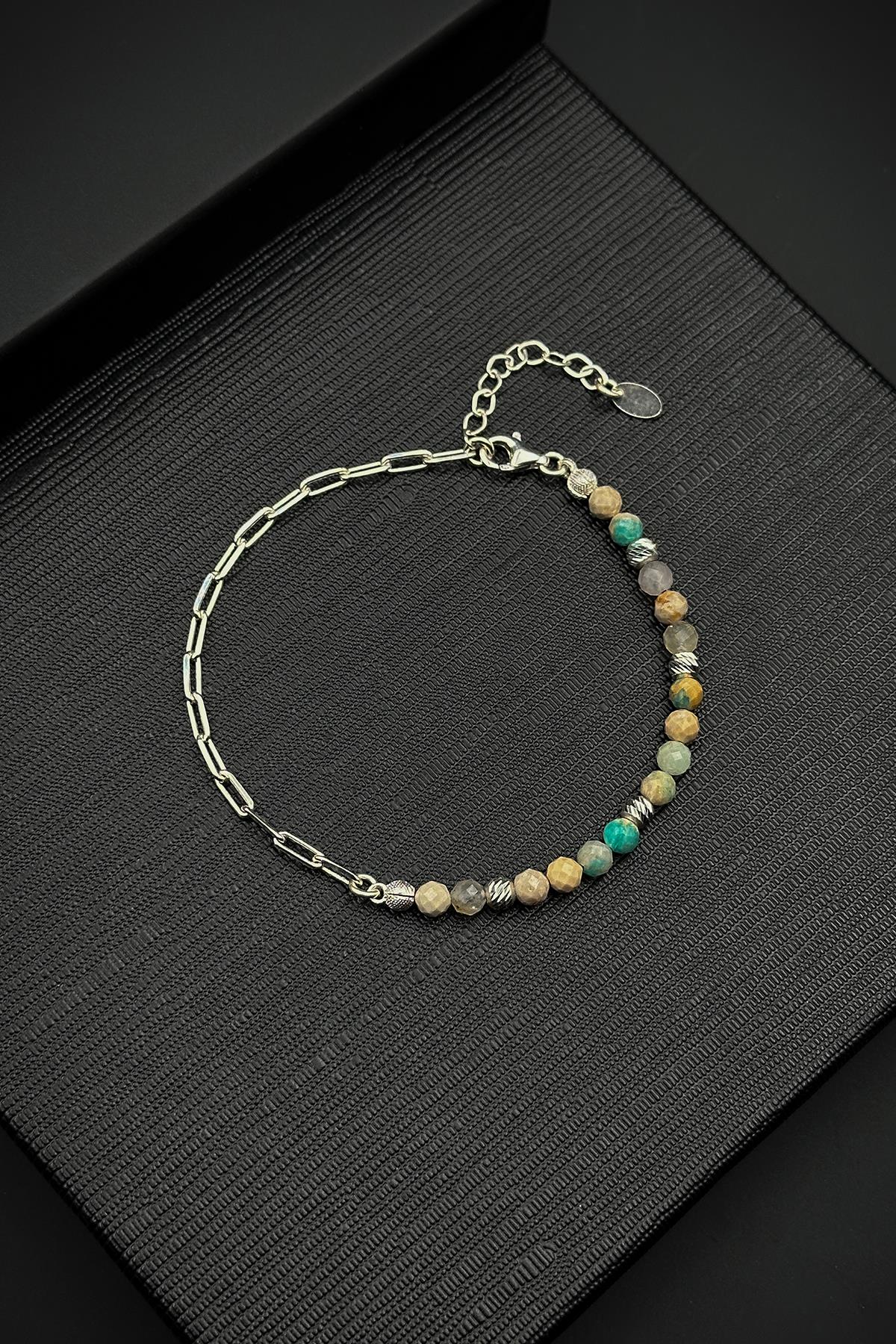 FRNCH 925 Ayar Gümüş ve Phoenix Turkuaz Doğal Taşlı Bej Renk Erkek Bileklik FRJ12456-3456-BM