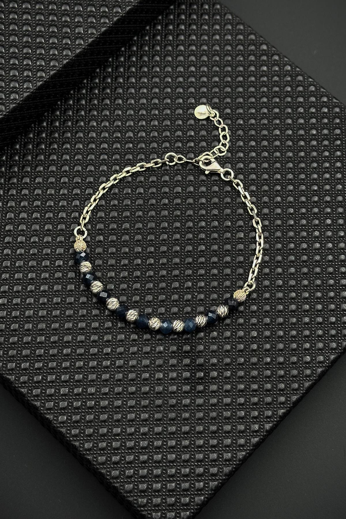 FRNCH 925 Ayar Gümüş ve Safir Doğal Taşlı Siyah Renk Erkek Bileklik FRJ11990-2090-L2