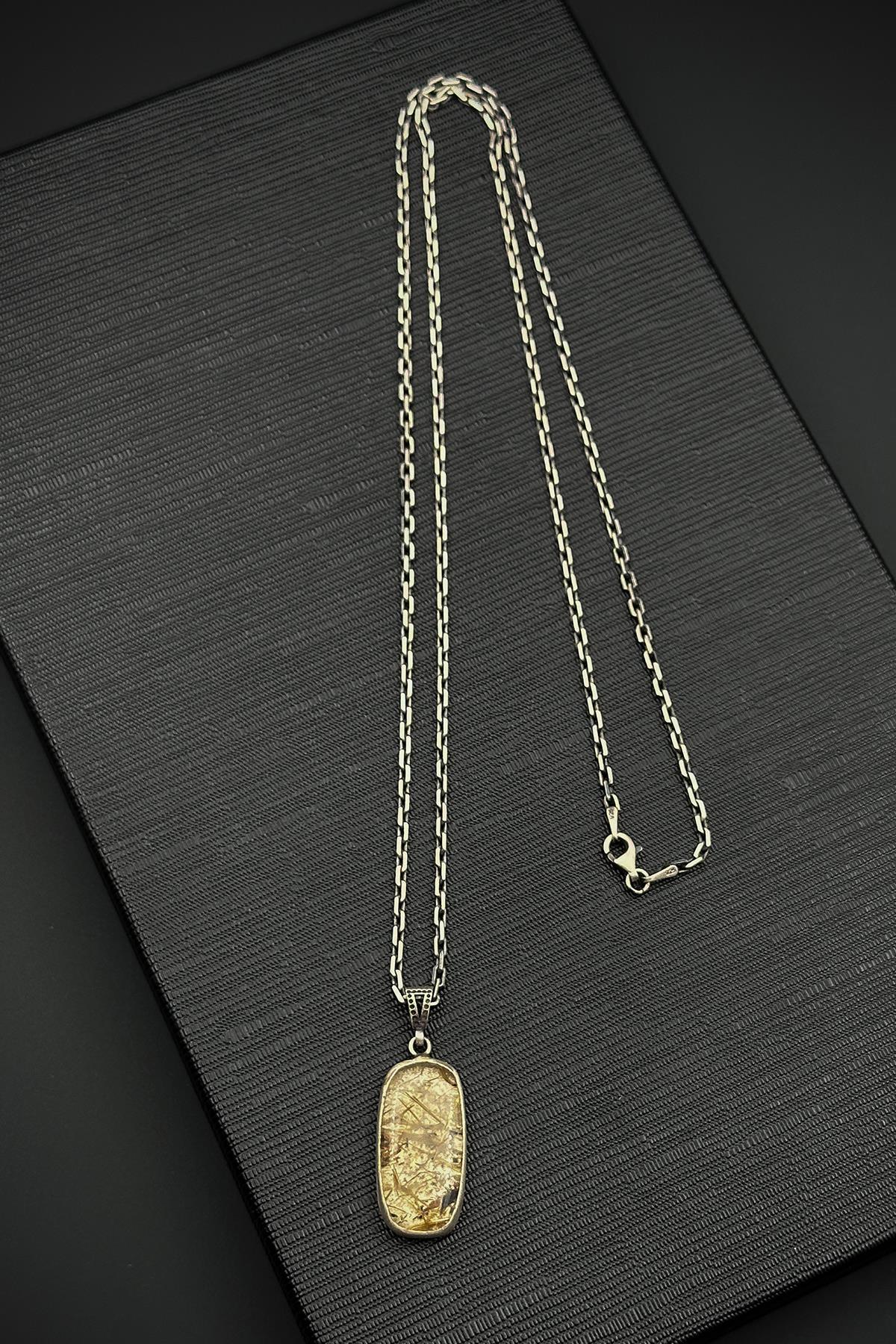 FRNCH 925 Ayar Gümüş ve Sitrin Doğal Taşlı Sarı Renk Erkek Kolye FRJ30918-1018-S