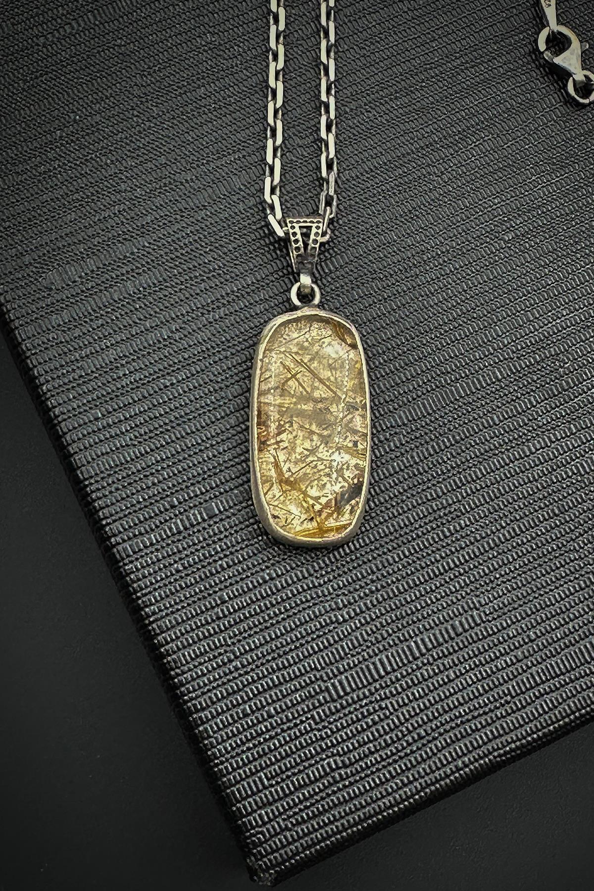 FRNCH 925 Ayar Gümüş ve Sitrin Doğal Taşlı Sarı Renk Erkek Kolye FRJ30918-1018-S