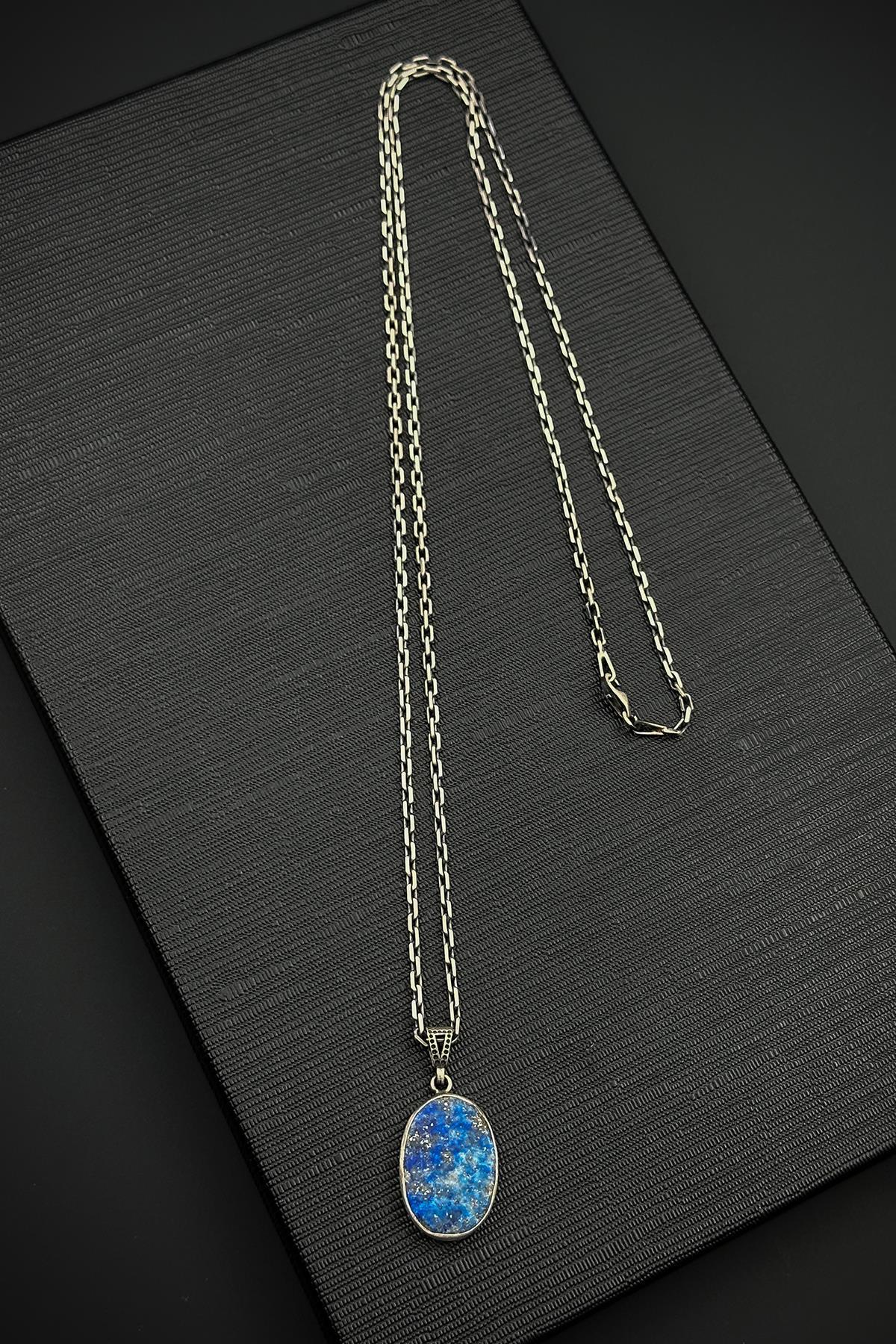 FRNCH 925 Ayar Gümüş ve Sodalit Doğal Taşlı Lacivert Renk Erkek Kolye FRJ30918-1018-L