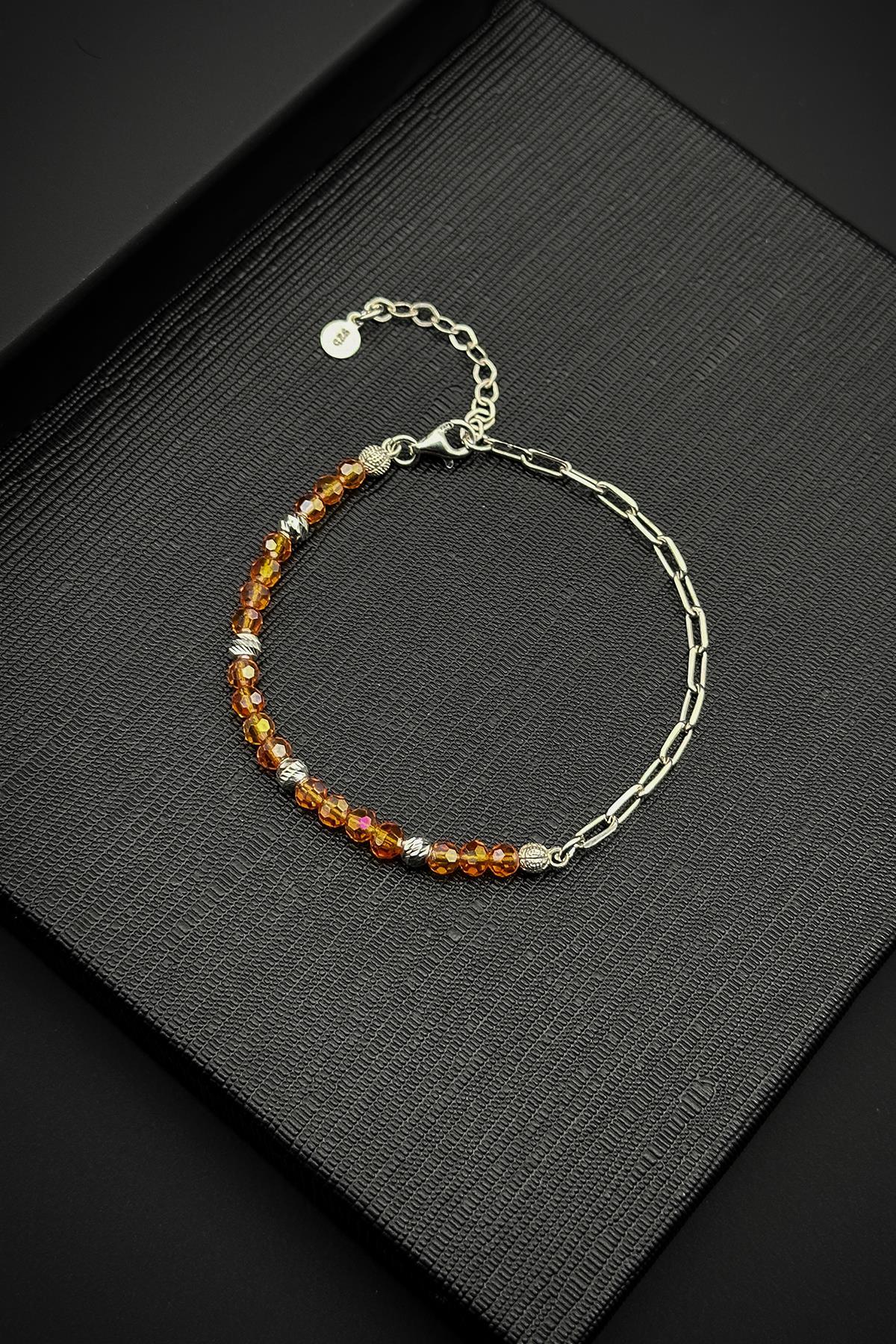 FRNCH 925 Ayar Gümüş ve Swarovski Taşlı Turuncu Renk Erkek Bileklik FRJ12054-3054-T