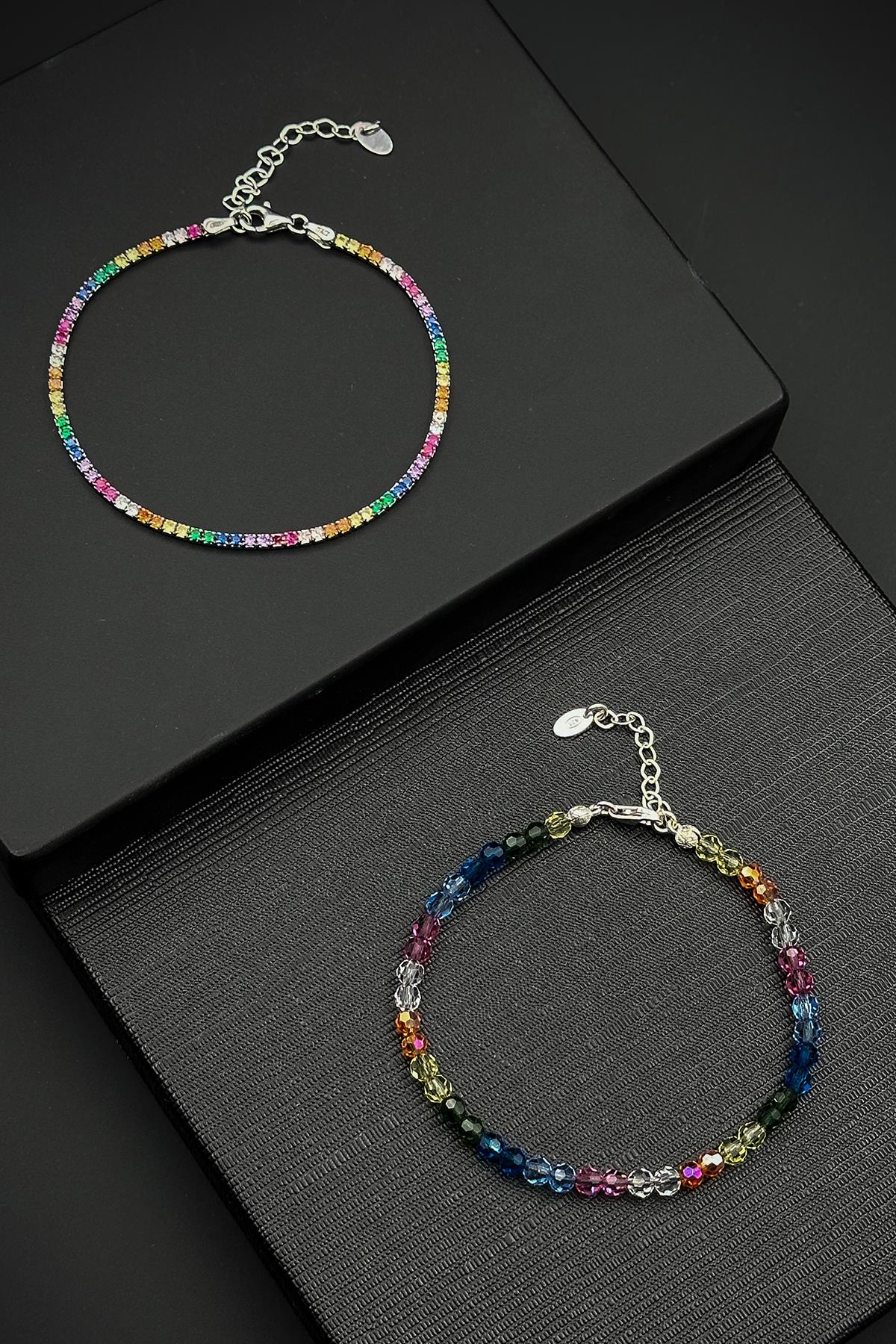 FRNCH 925 Ayar Gümüş ve Swarovski Taşlı/Zirkon Taşlı Çok Renkli Erkek Bileklik Set FRJ12424-3424-CK