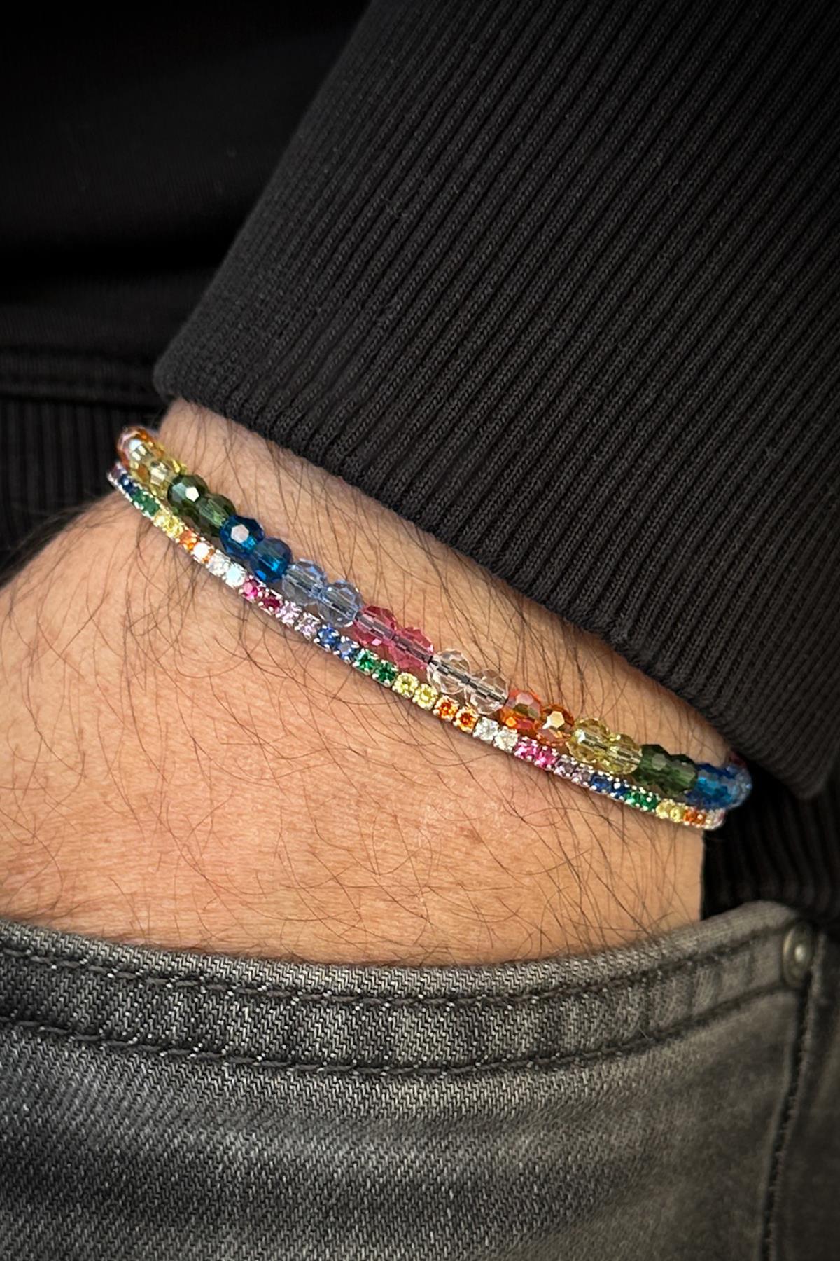 FRNCH 925 Ayar Gümüş ve Swarovski Taşlı/Zirkon Taşlı Çok Renkli Erkek Bileklik Set FRJ12424-3424-CK