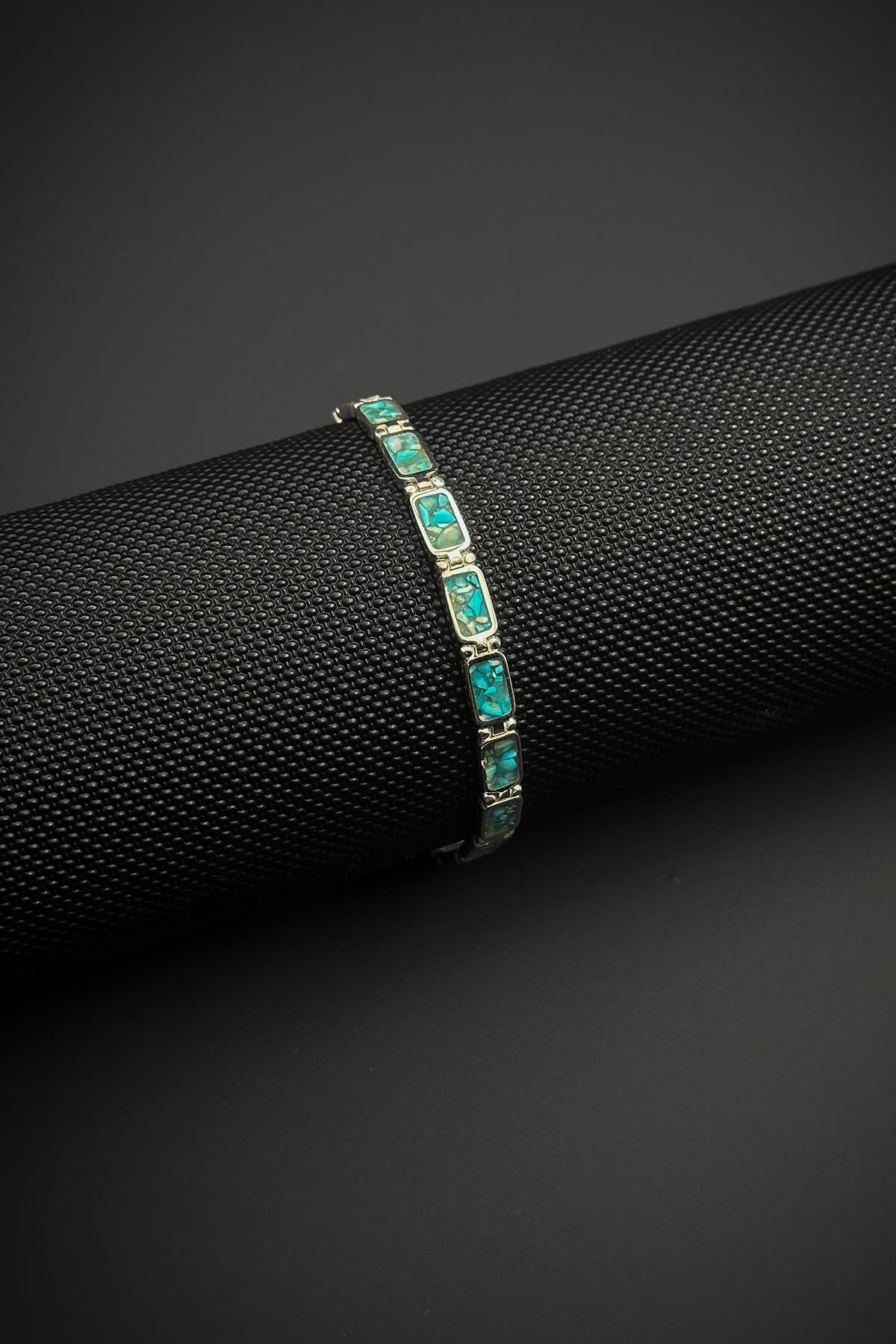 FRNCH 925 Ayar Gümüş ve Turkuaz Doğal Taşlı Turkuaz Renk Erkek Bileklik FRJ12461-3461-M