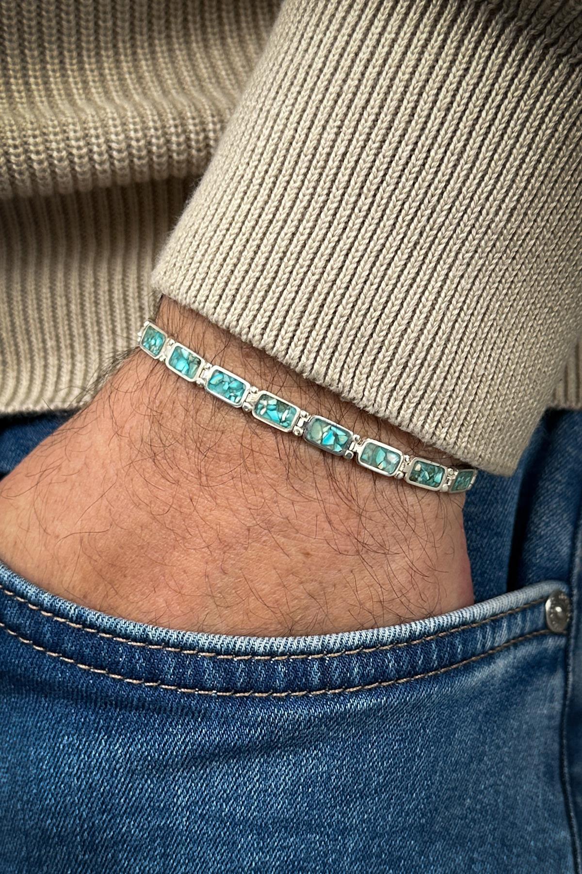 FRNCH 925 Ayar Gümüş ve Turkuaz Doğal Taşlı Turkuaz Renk Erkek Bileklik FRJ12461-3461-M