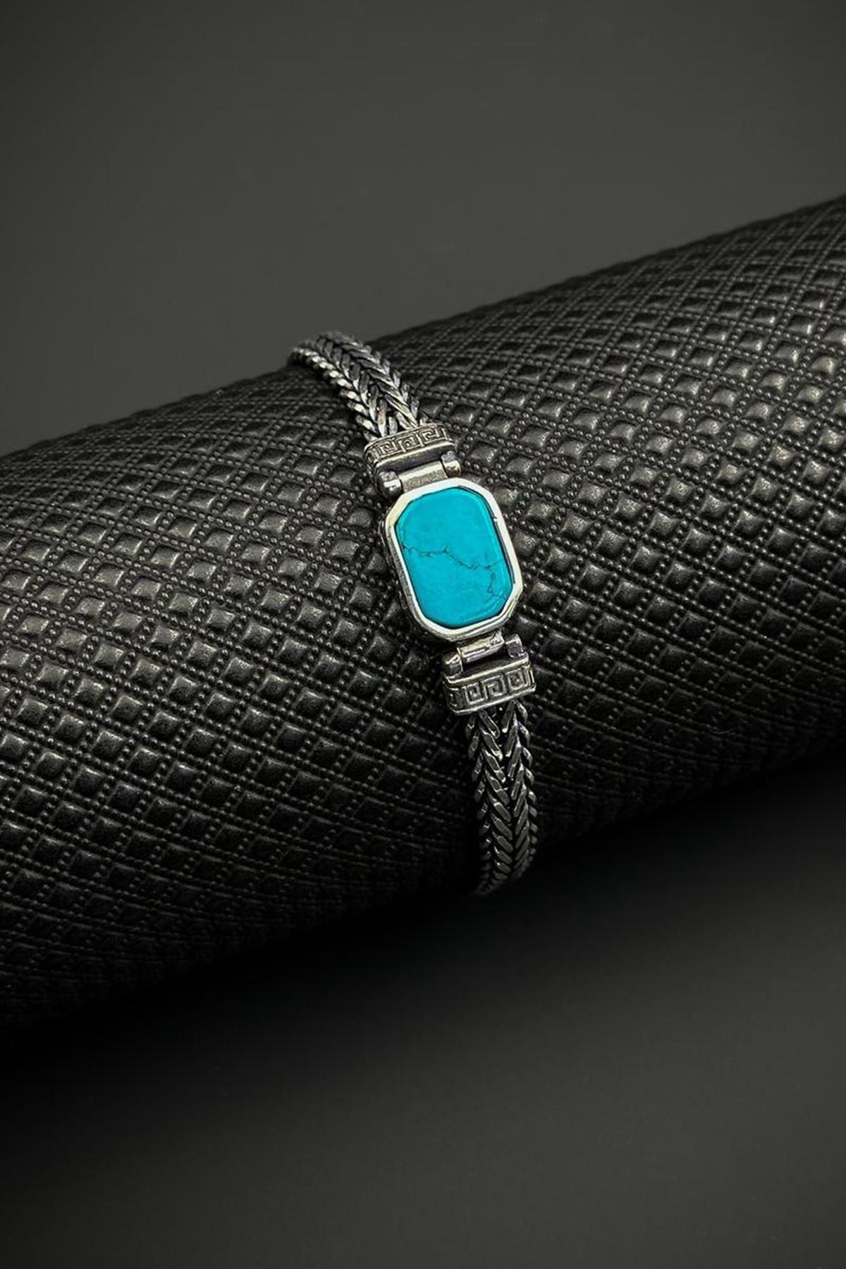 FRNCH 925 Ayar Gümüş ve Turkuaz Doğal Taşlı Turkuaz Renk Erkek Bileklik FRJ12890-3890-M