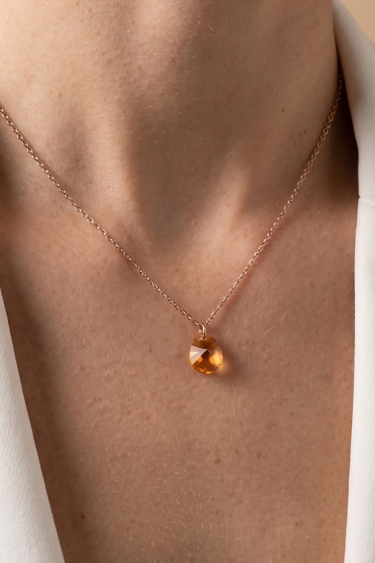 FRNCH 925 Ayar Gümüş ve Turuncu Zirkon Taşlı Rose Renk Kadın Kolye FRJ31033-1133-CT