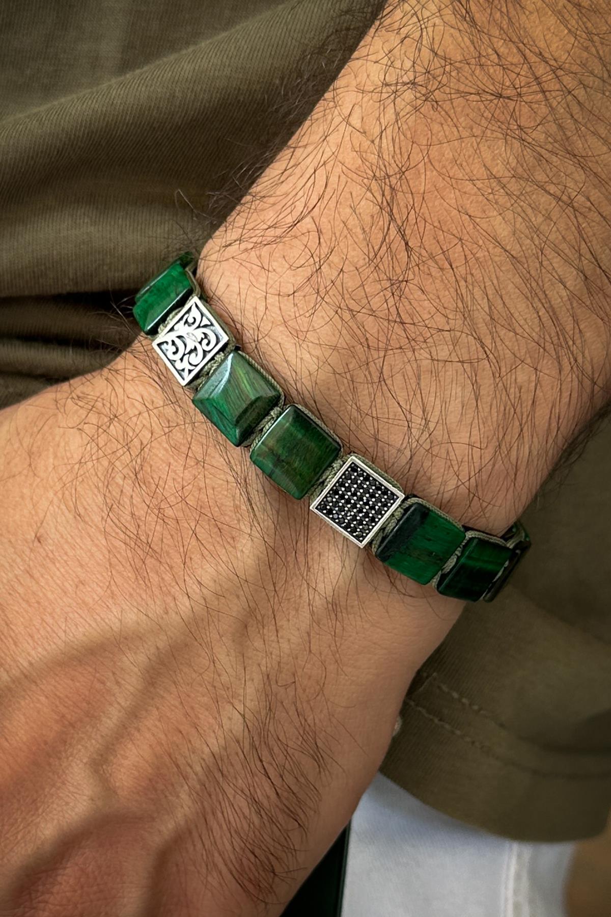 FRNCH 925 Ayar Gümüş ve Varisit Doğal Taşlı Zirkon Parçalı Yeşil Renk Erkek Bileklik FRJ12333-3333-Y2