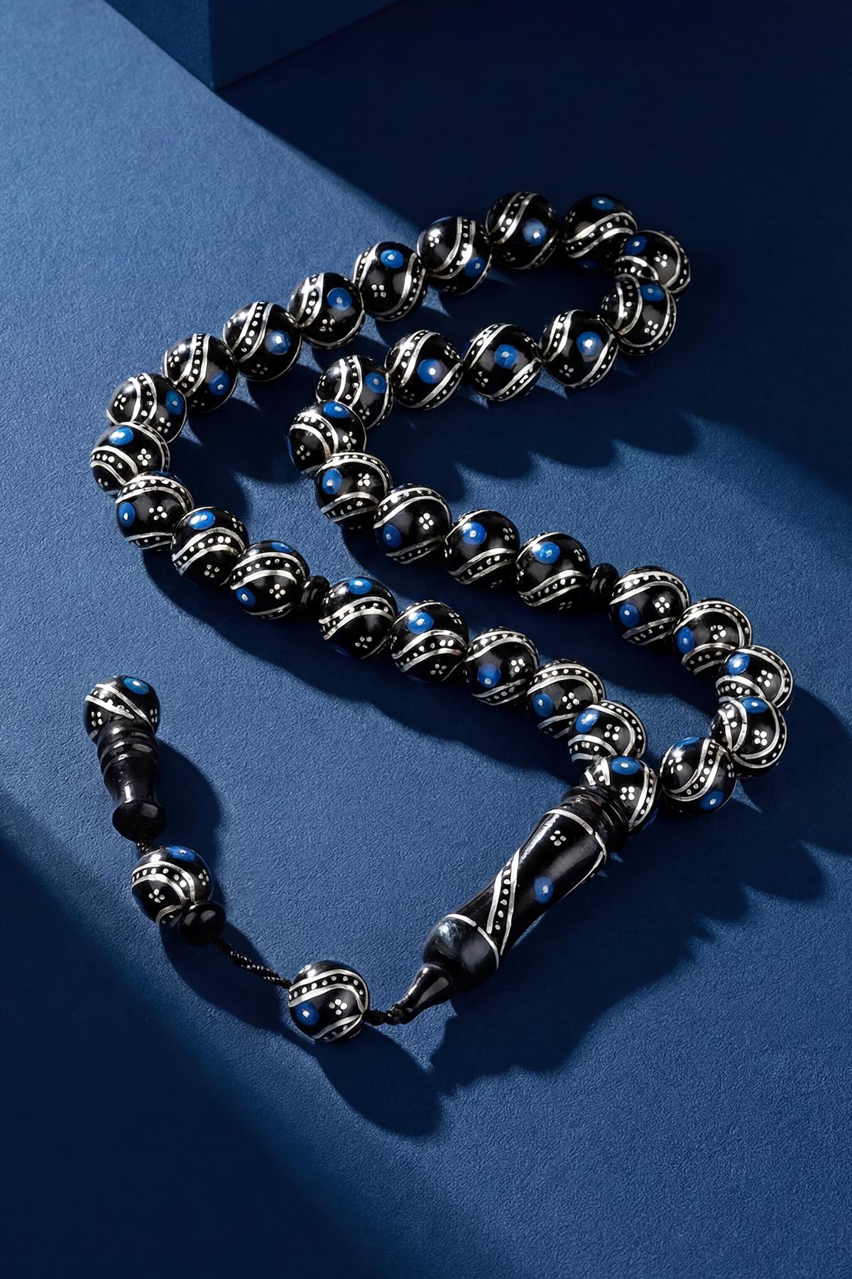 FRNCH 925 Ayar Gümüş ve Yuvarlak Kesim Oltu Taşlı Lacivert Renk Tesbih FRJ80006-106-L2