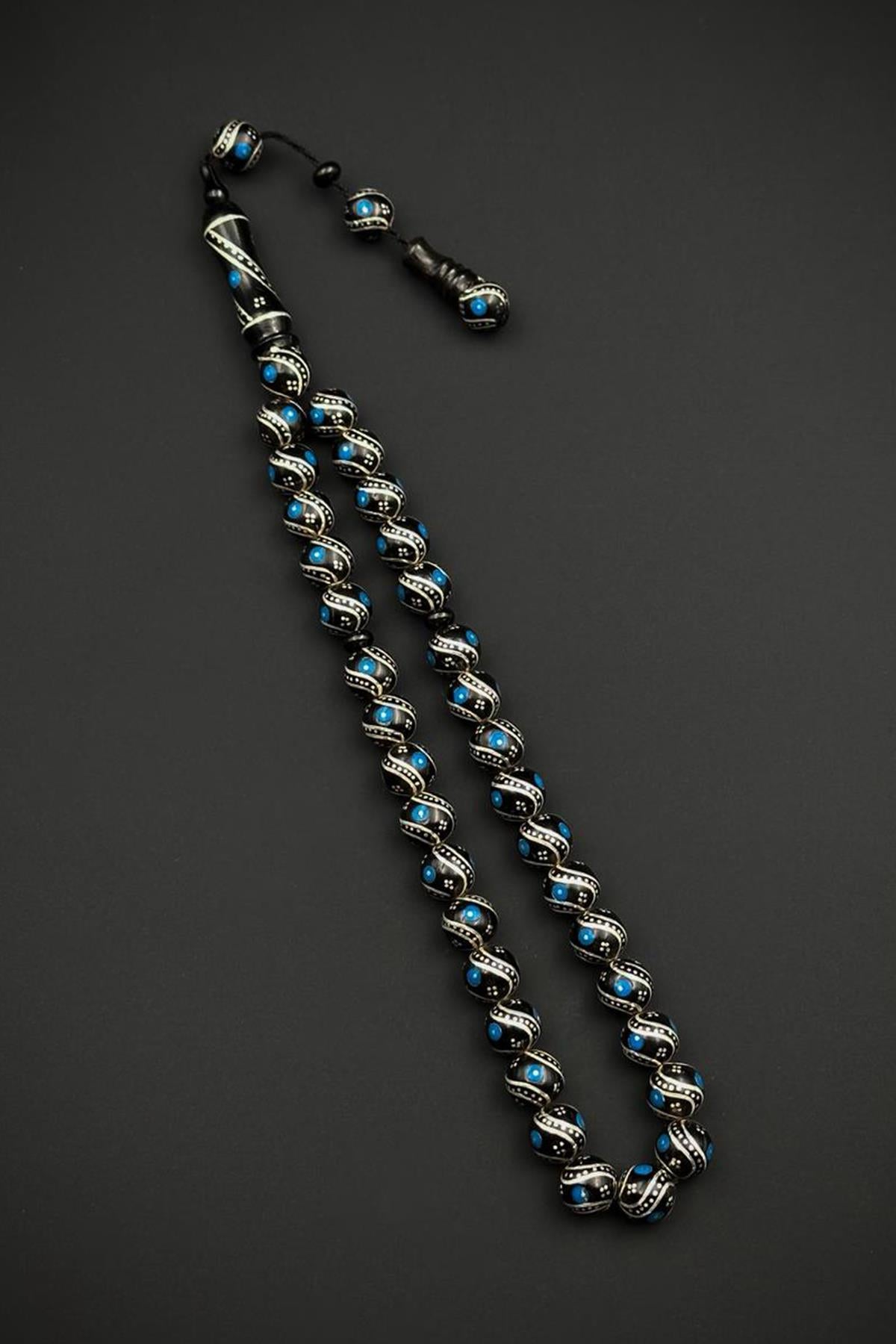 FRNCH 925 Ayar Gümüş ve Yuvarlak Kesim Oltu Taşlı Lacivert Renk Tesbih FRJ80006-106-L2