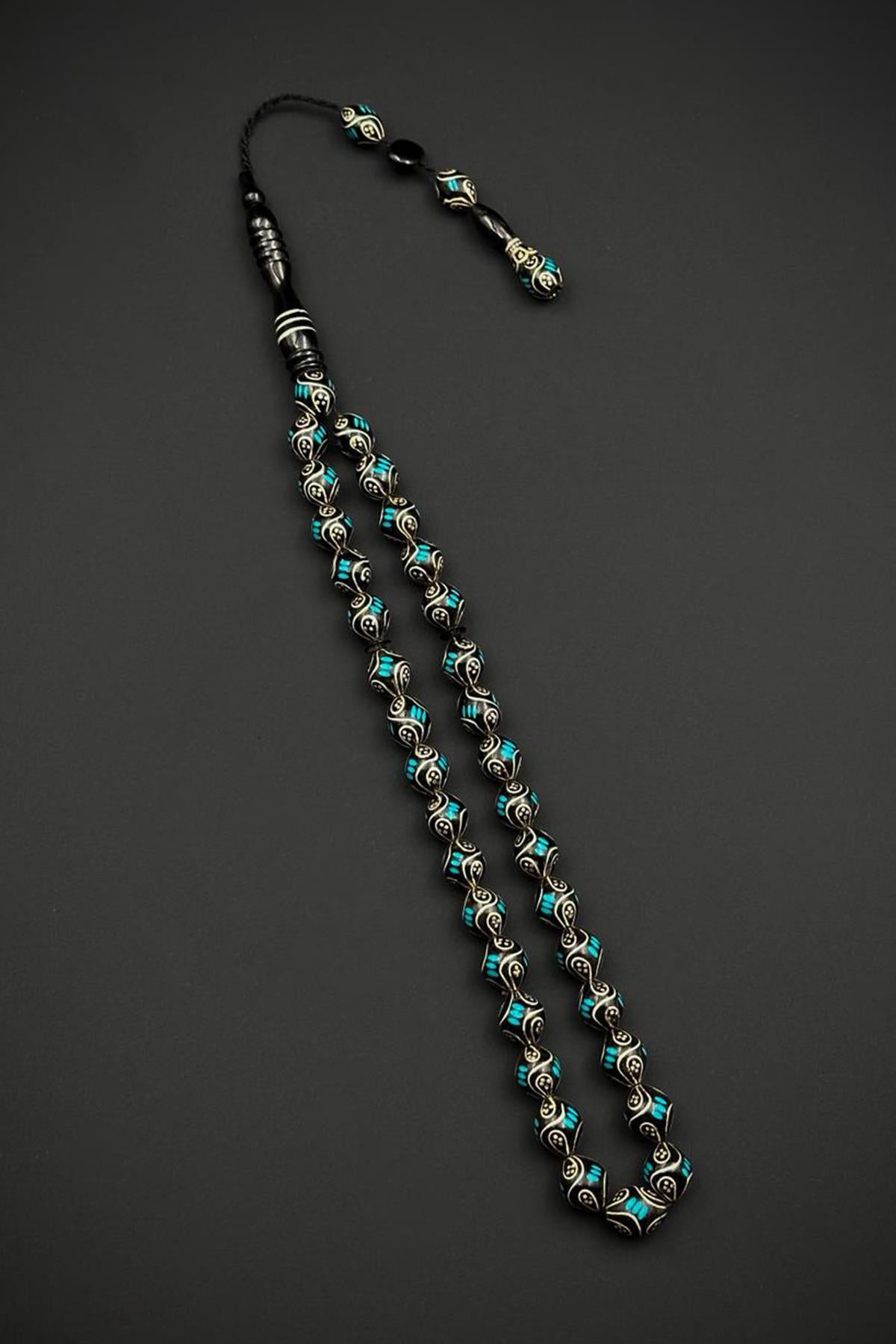 FRNCH 925 Ayar Gümüş ve Yuvarlak Kesim Oltu Taşlı Mavi Renk Tesbih FRJ80006-106-M2