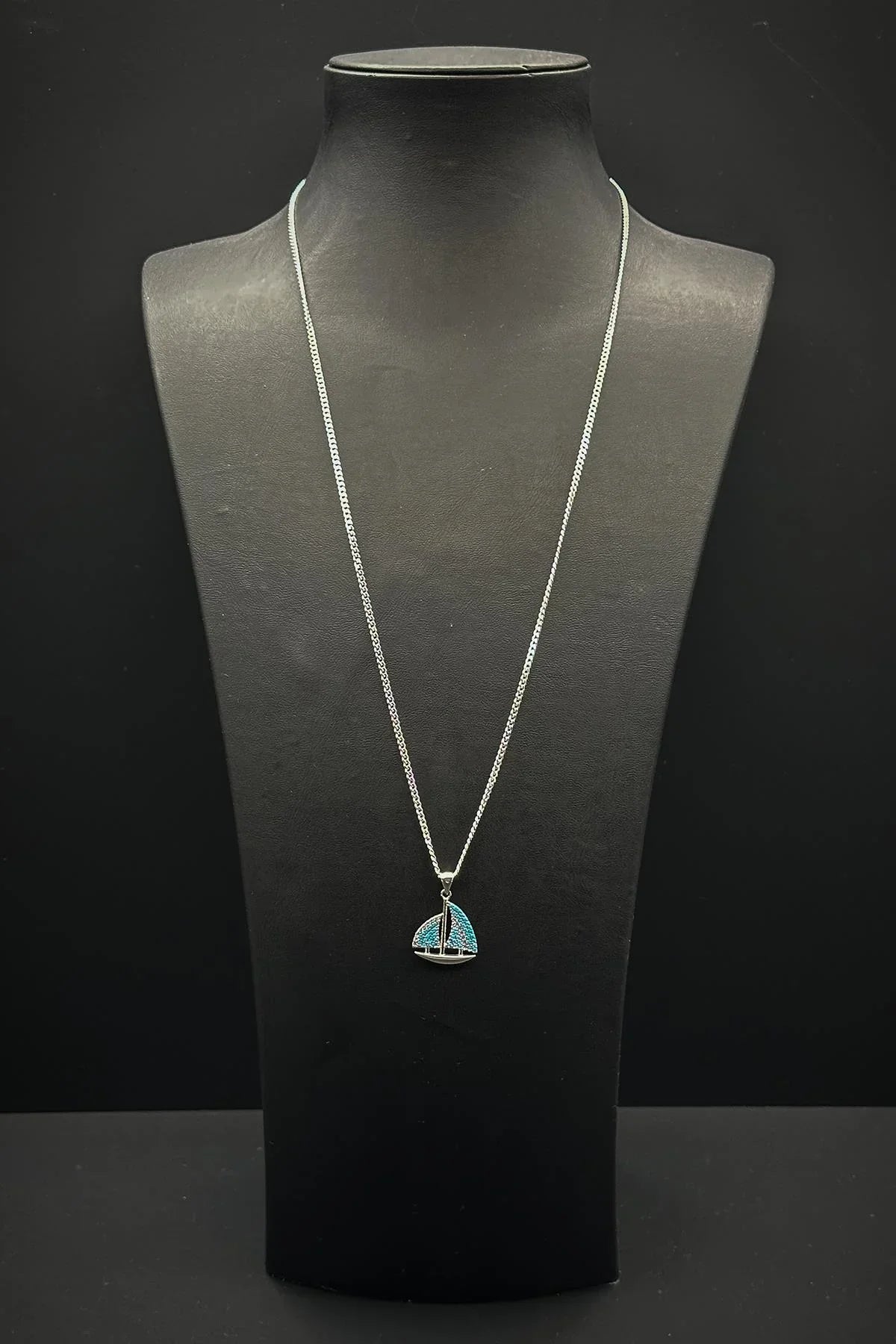 FRNCH 925 Ayar Gümüş Yelken Figürlü Zirkon Taşlı Turkuaz Renk Erkek Kolye FRJ30766-866-AT