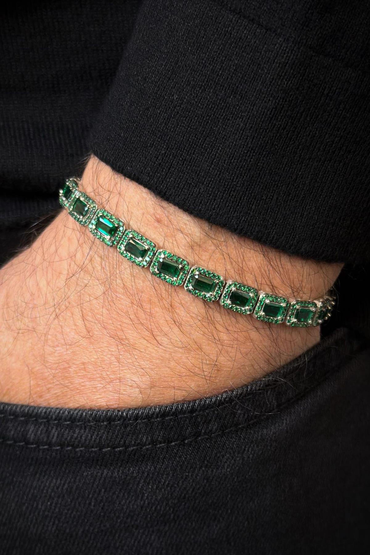 FRNCH 925 Ayar Gümüş Yeşil Baget Zirkon Taşlı Gümüş Renk Erkek Bileklik FRJ12644-3644-Y