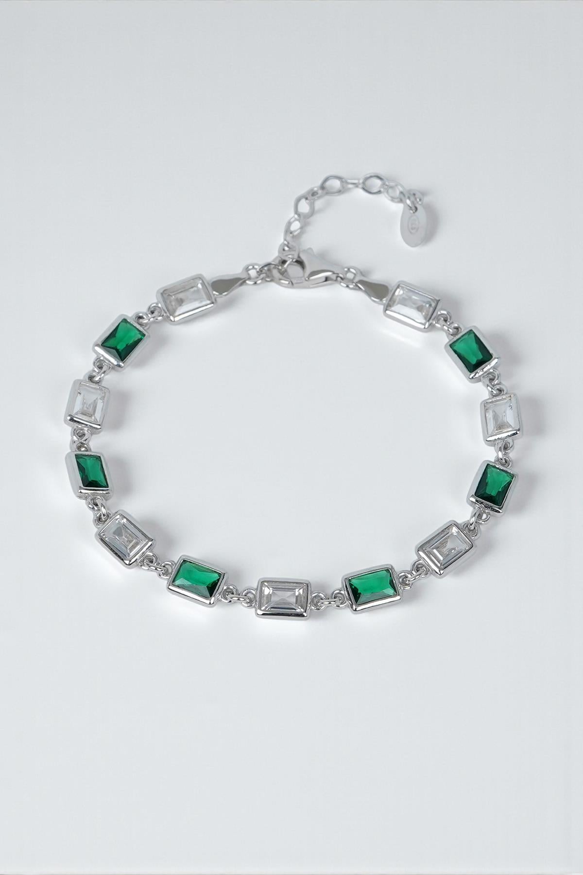 FRNCH 925 Ayar Gümüş Yeşil-Beyaz Zirkon Taşlı Gümüş Renk Erkek Bileklik FRJ12677-3677-YA