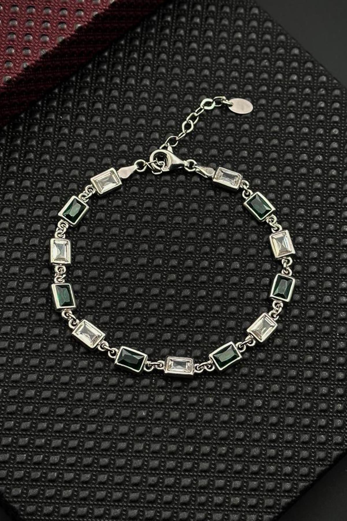 FRNCH 925 Ayar Gümüş Yeşil-Beyaz Zirkon Taşlı Gümüş Renk Erkek Bileklik FRJ12677-3677-YA