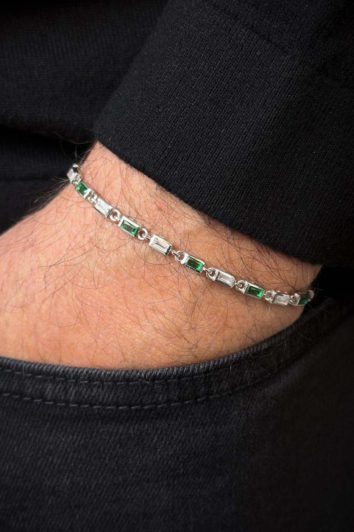 FRNCH 925 Ayar Gümüş Yeşil-Beyaz Zirkon Taşlı Gümüş Renk Erkek Bileklik FRJ12718-3718-YA