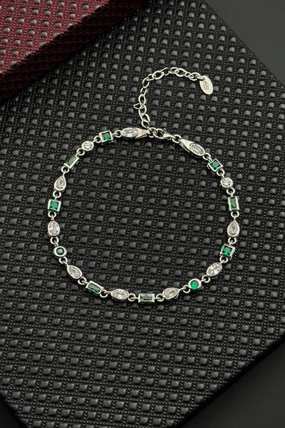 FRNCH 925 Ayar Gümüş Yeşil-Beyaz Zirkon Taşlı Gümüş Renk Erkek Bileklik FRJ12719-3719-YA